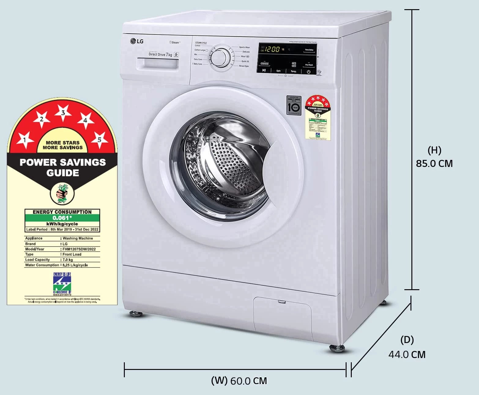LG 7 Kg 5 Star Inverter Touch Panel Fully-Automatic Front Load Washing Machine with In-Built Heater (FHM1207SDW, White, 6 Motion Direct Drive, 1200 RPM & Steam)