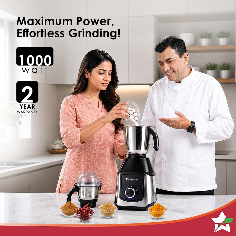 Wonderchef 63155306 Inox SS 1000W 4-jar Black Mixer Grinder