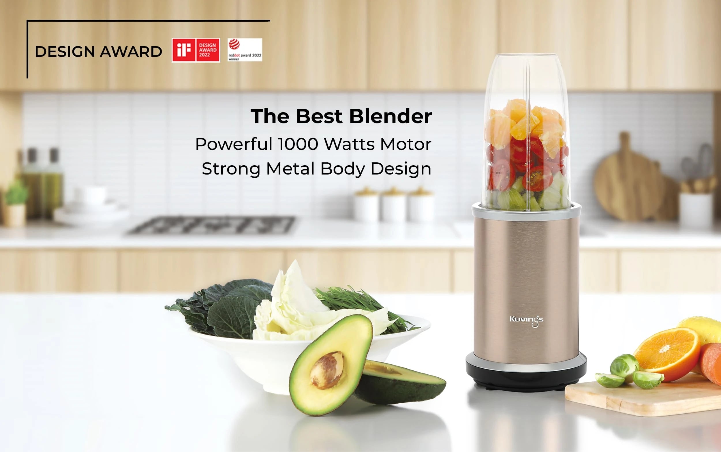 Kuvings Nutri Blender PRO Champagne Gold, Powerful 1000 Watts Motor, Mixer/Grinder/Smoothie Maker, Blender for Smoothies and Juices, Stainless Steel Body, 2 Blade Set: Wet & Dry