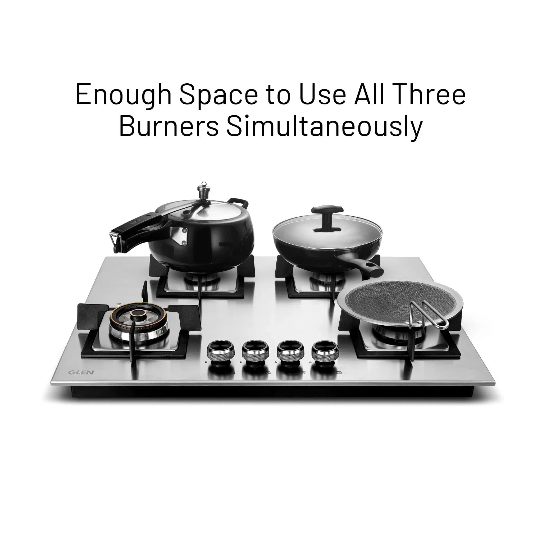 Glen Hob Top 4 Burner Stainless Steel | Built In Hob 4 Burner Gas Stove Auto Ignition | Mini Triple Ring & Double Ring Brass Burners | hob gas stove 4 burner stainless steel (BH1074SQHTSSDBMT70)