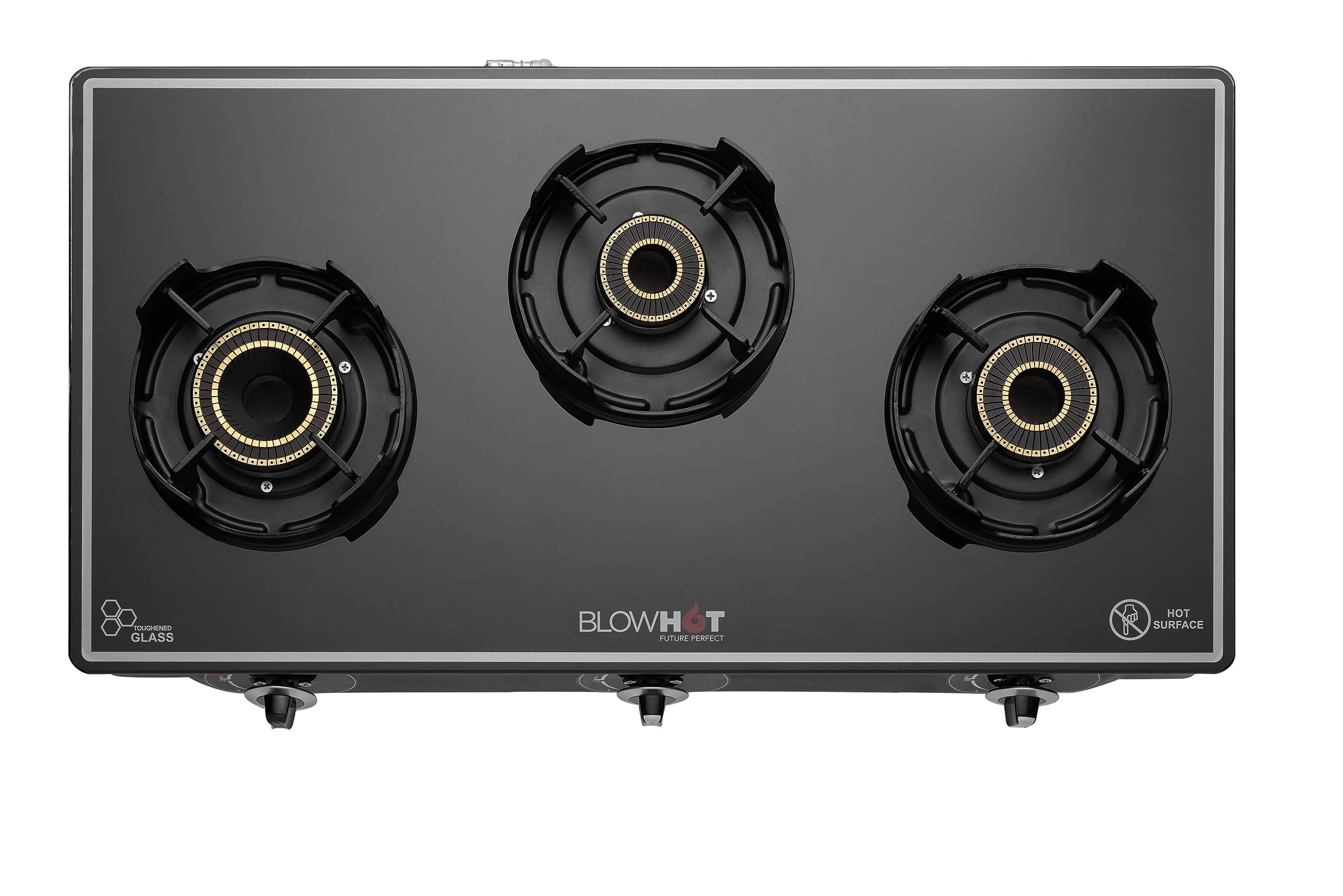 BLOWHOT Emerald 3 Burner Auto Ignition LPG Gas Stove - Toughened Glass, Heavy Tornado Brass, Black Powder Coated, 2 Year Warranty.