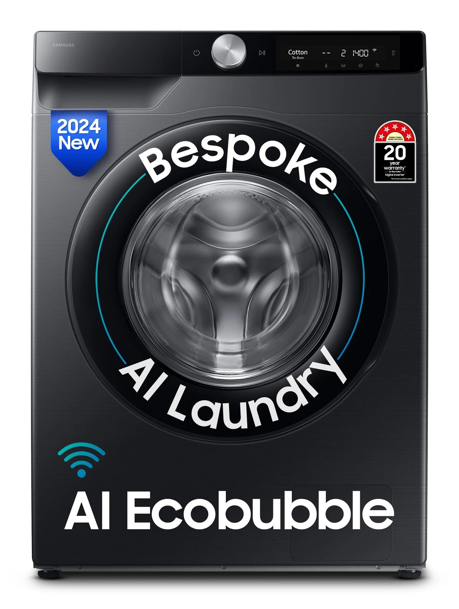 Samsung 12 kg, 5 Star, AI Control, Super Speed, Wi-Fi, Hygiene Steam with Inbuilt Heater, Digital Inverter, Fully-Automatic Front Load Washing Machine (WW12DG6B24ABTL, Black)