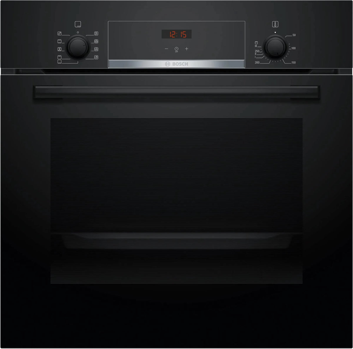 Close front view of Bosch HBJ534EB0I black built-in oven showing knobs, clock display and door handle
