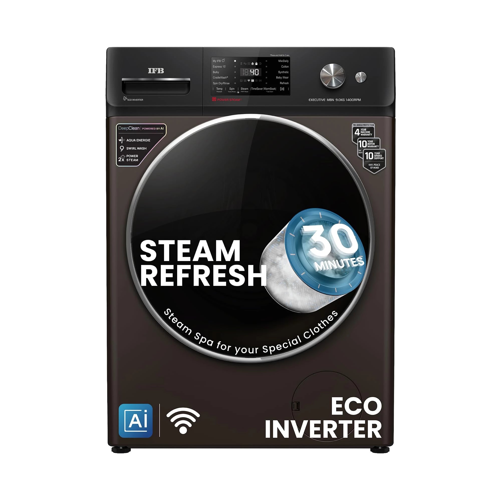 IFB 9 Kg 5 Star Powered by AI with 9 Swirl Wash, WiFi, Fully Automatic Front Load Washing Machine (Executive MBN 9014K, Steam Refresh Program with Eco Inverter, Mocha)