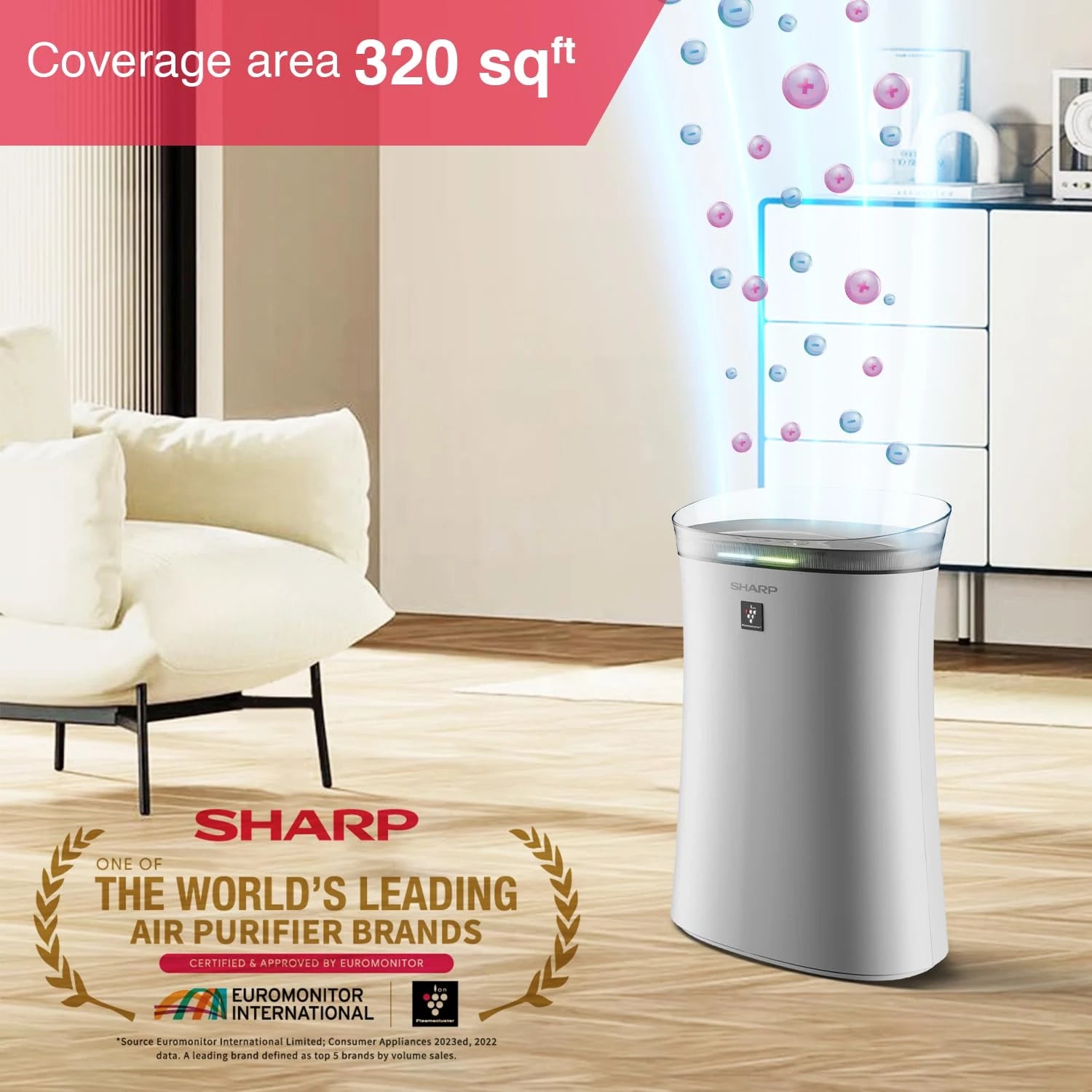 SHARP Room Air Purifier FP-F40E-W (White)| Plasmacluster™, Haze Mode, Odour/Dust Sensor, True HEPA/Deodorizing Filter| 320 ft²