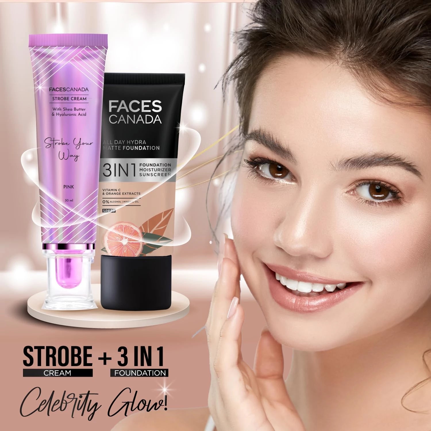 FACES CANADA Strobe Cream - Pink, 30ml | Primer + Highlighter + Moisturizer | Shea Butter & Hyaluronic Acid | Intense Hydration | Flawless Radiant Dewy Skin | Illuminating & Glowing Makeup Base