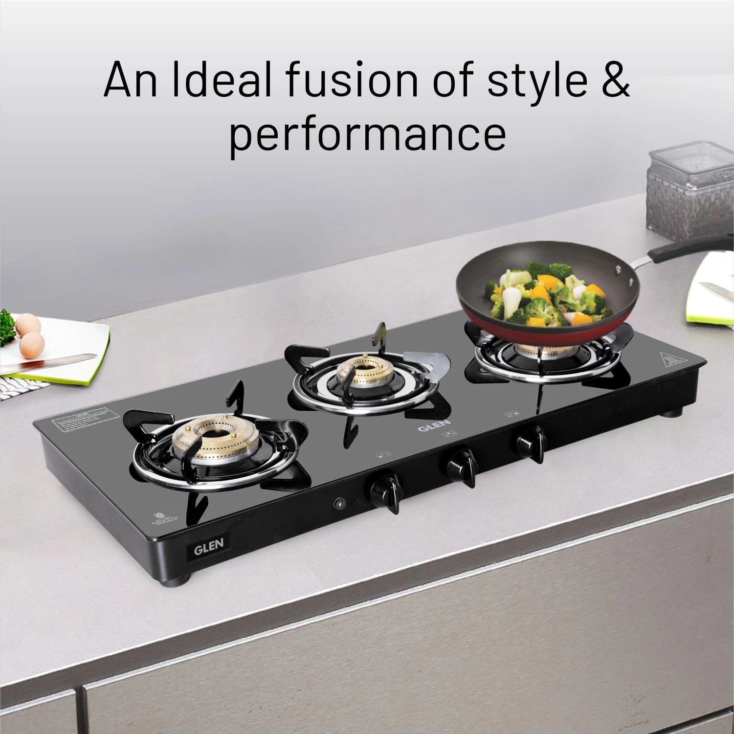 Glen 3 Burner Toughened Glass Top LPG Gas Stove with Fuel Efficient Brass Burners | Black | ISI Certified