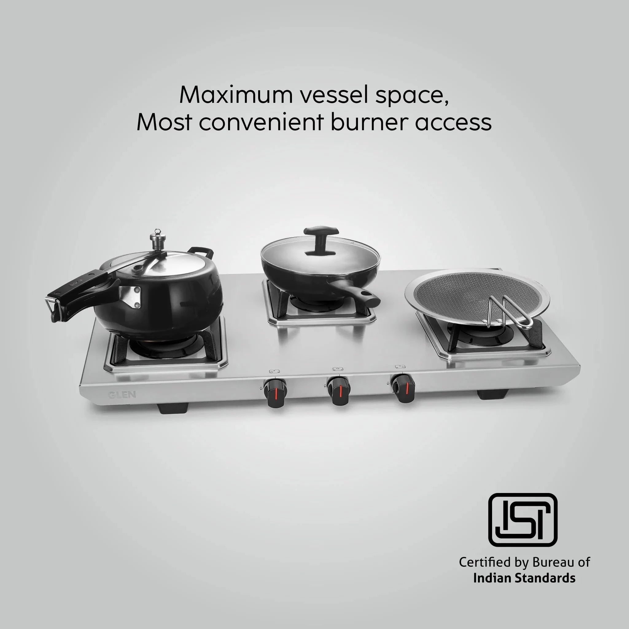 Glen 3 Burner Ultra Tuff Stainless Steel Gas Stove | Multi-Ring Forged Brass Burners | Removal Drip Trays | ISI Certified | Revolving Inlet Nozzle | Manual Ignition (CT1053UTDTSS)