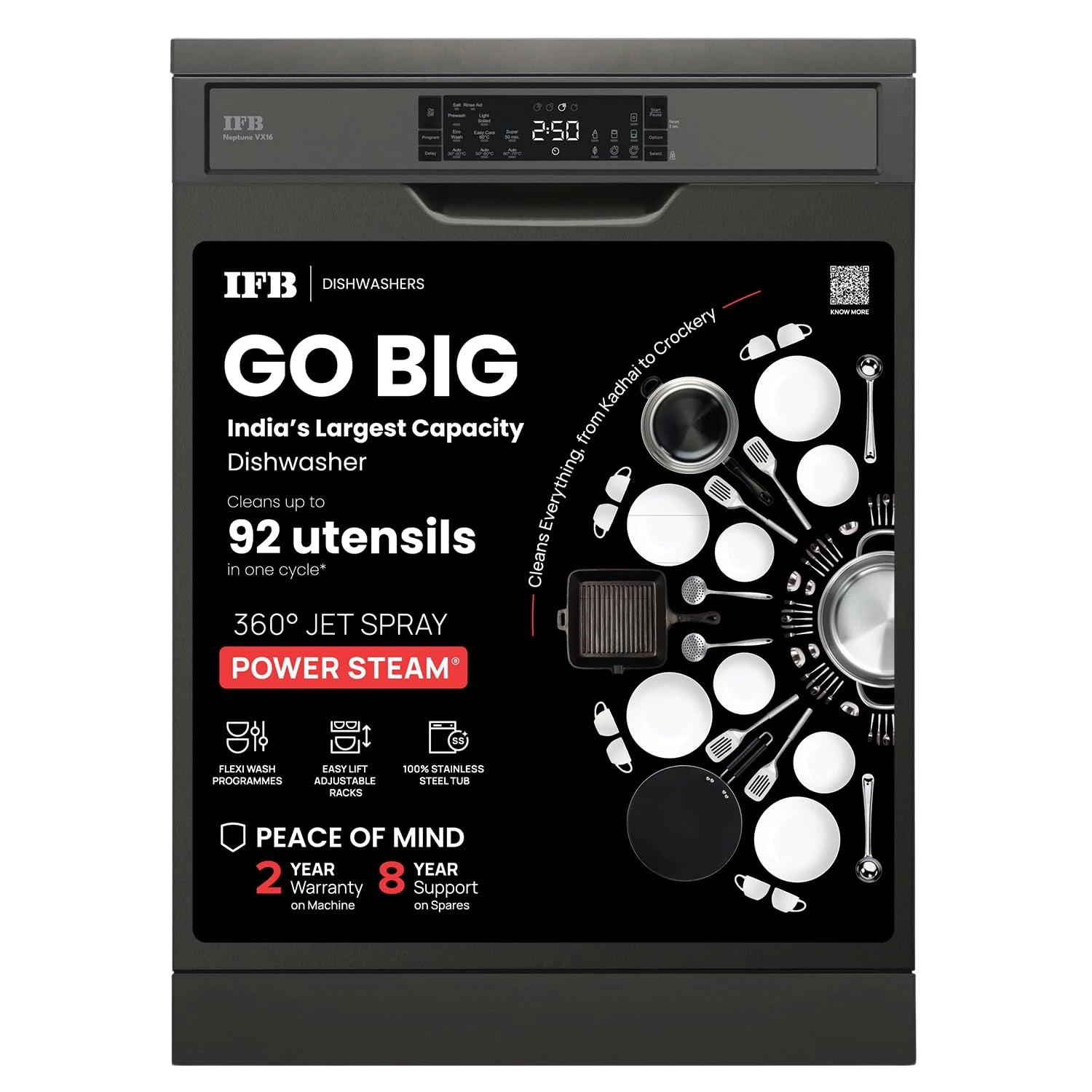 IFB 16 Place Settings with DeepClean® Technology Powered by AI Freestanding Dishwasher (Neptune VX16, Inox Grey, Largest Capacity Washes upto 92 Utensils, 70° Hot Water Wash)