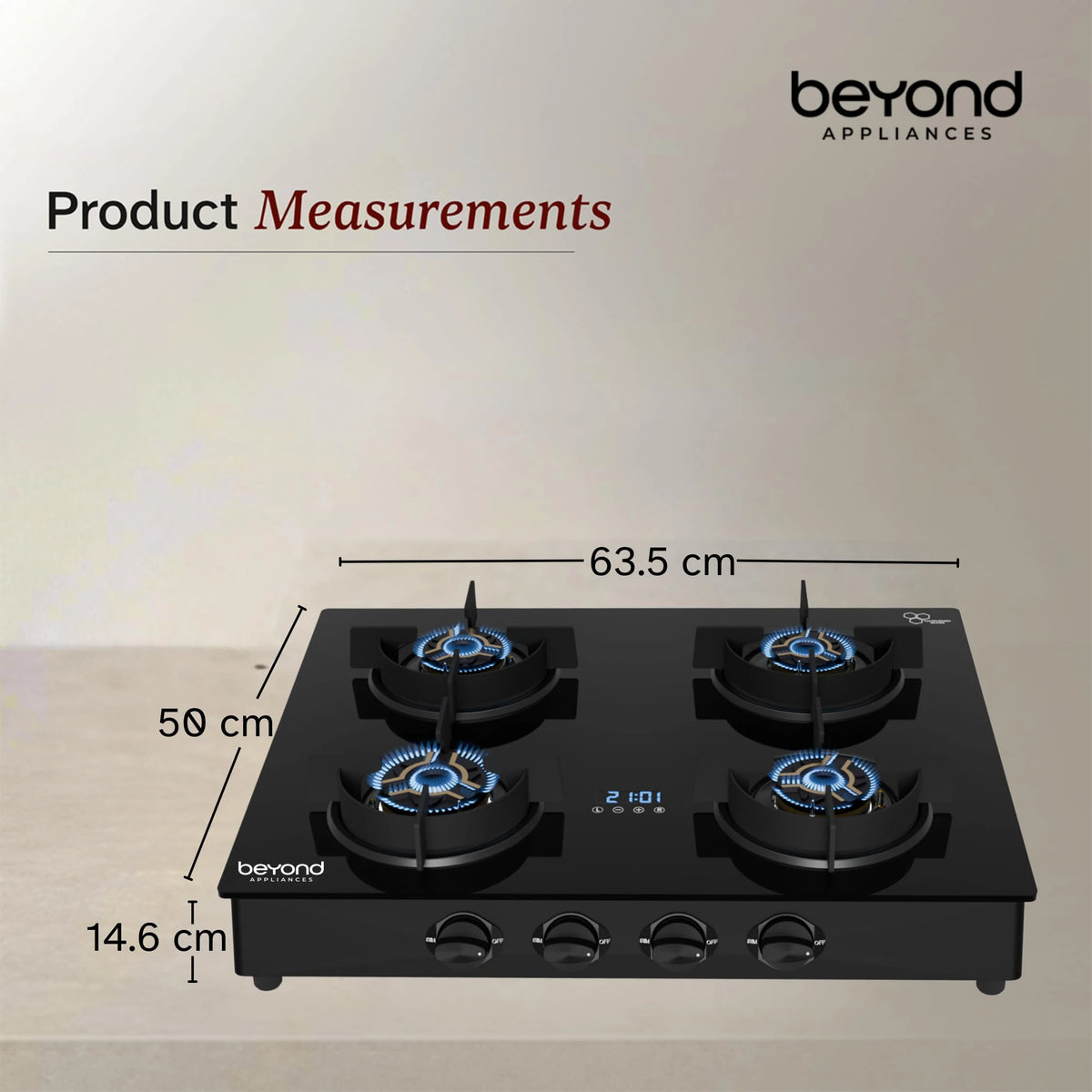 Beyond Appliances Auriga Pro 4 Full Brass Burner Smart Gas Stove | Auto Ignition | Digital Timer | Flame Failure Device | Toughened Glass | ISI Certified, LPG & PNG Compatible, PAN India Service