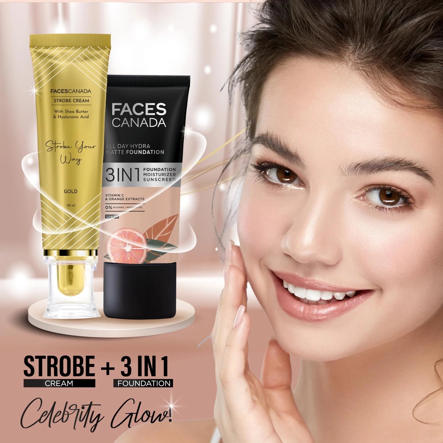 FACESCANADA Strobe Cream - Gold, 30Ml | Primer + Highlighter + Moisturizer | Shea Butter & Hyaluronic Acid | Intense Hydration | Flawless Radiant Dewy Skin | Illuminating & Glowing Makeup Base