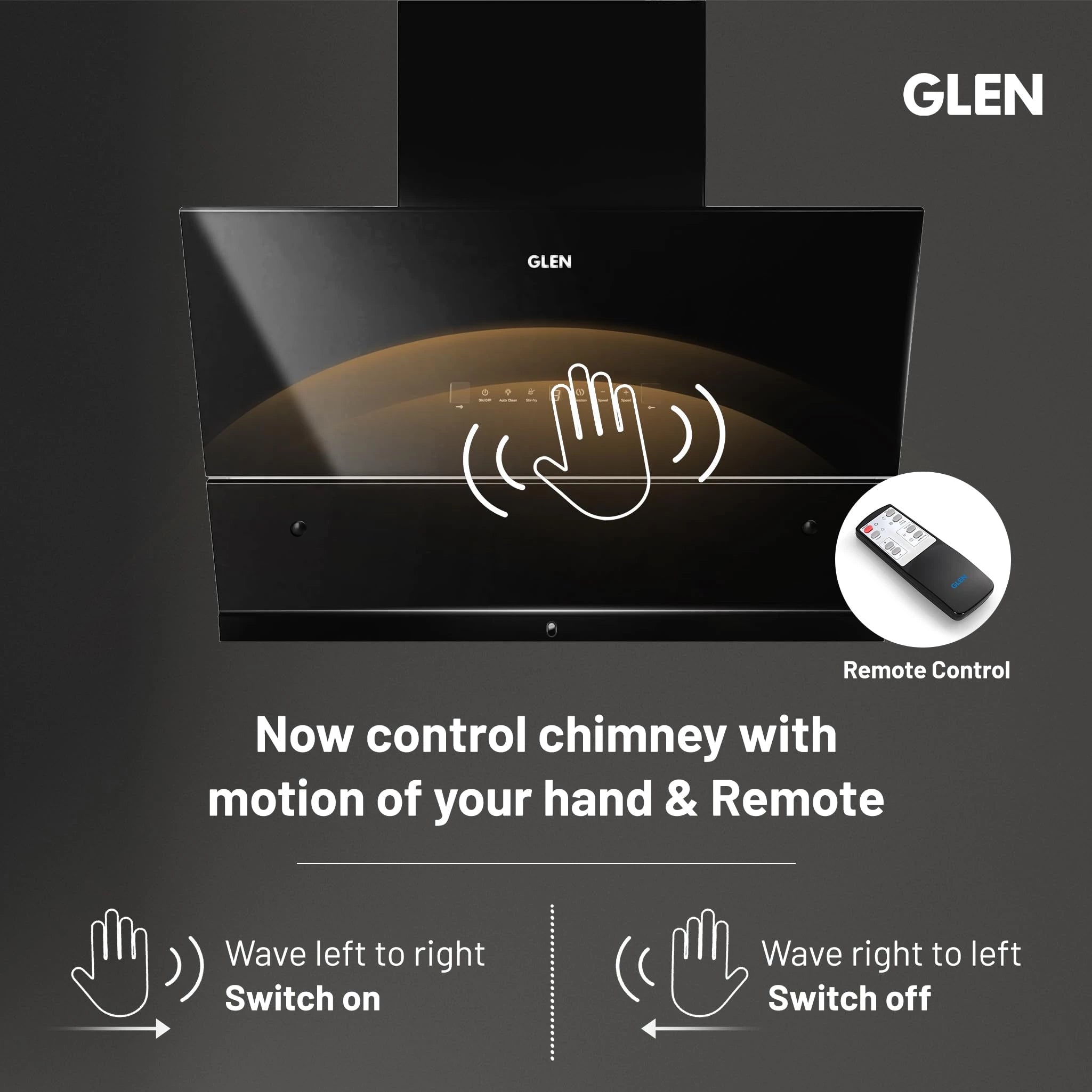 Glen Chimney Auto Clean Glass Chimney for Kitchen Filter-less with Heat Sensor, BLDC Motor 1600 m³/h - 75cm (CH 6065 HSR BLDC BL AC)