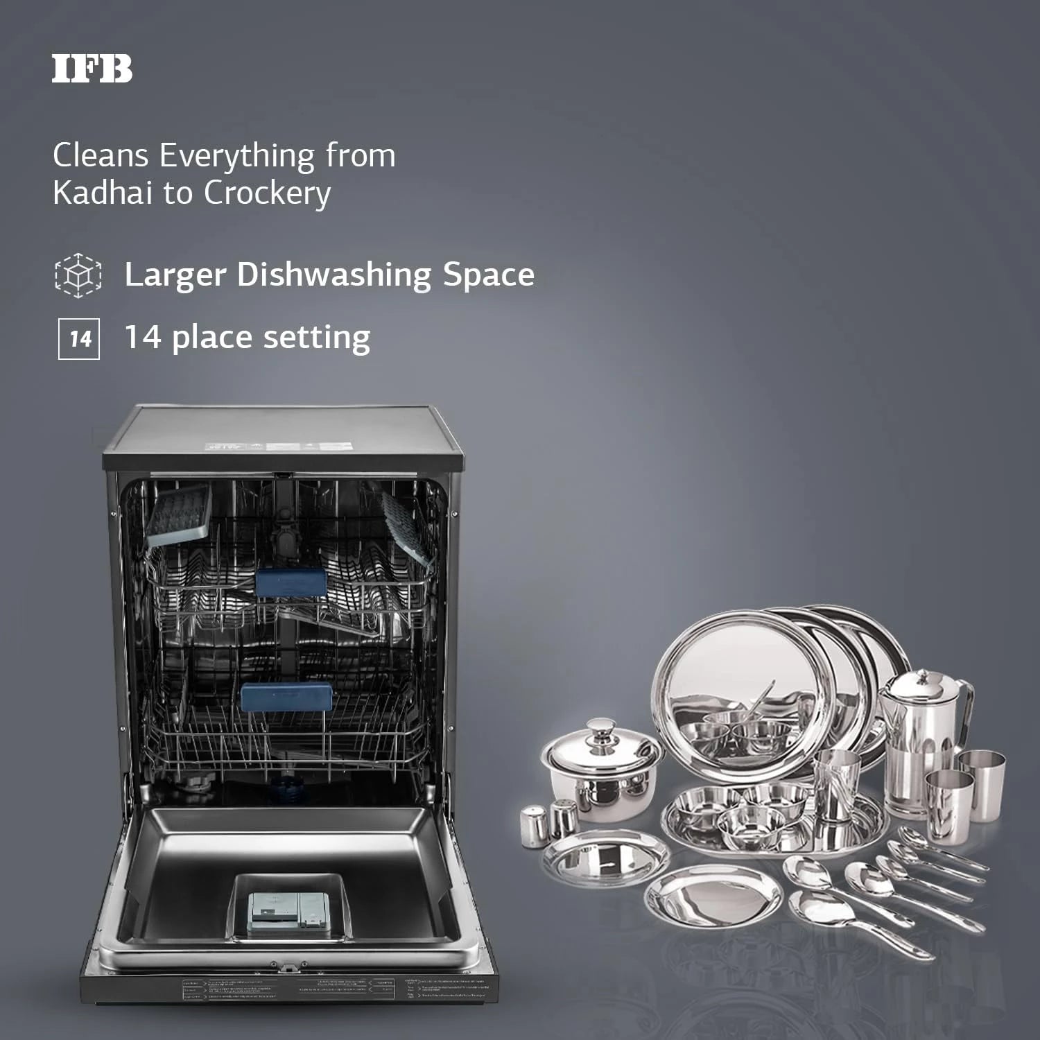 IFB 14 Place Settings with DeepClean® Technology Freestanding Dishwasher (Neptune VX14, Inox Grey, 70° Hot Water Wash with Hygienic Steam Drying, Perfect for Indian Utensils)