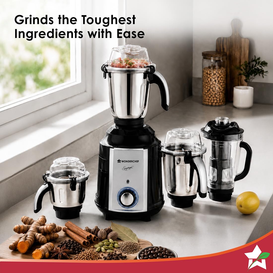 Wonderchef 63155304 Professional 1200W Mixer Grinder with 4 Jars, Black