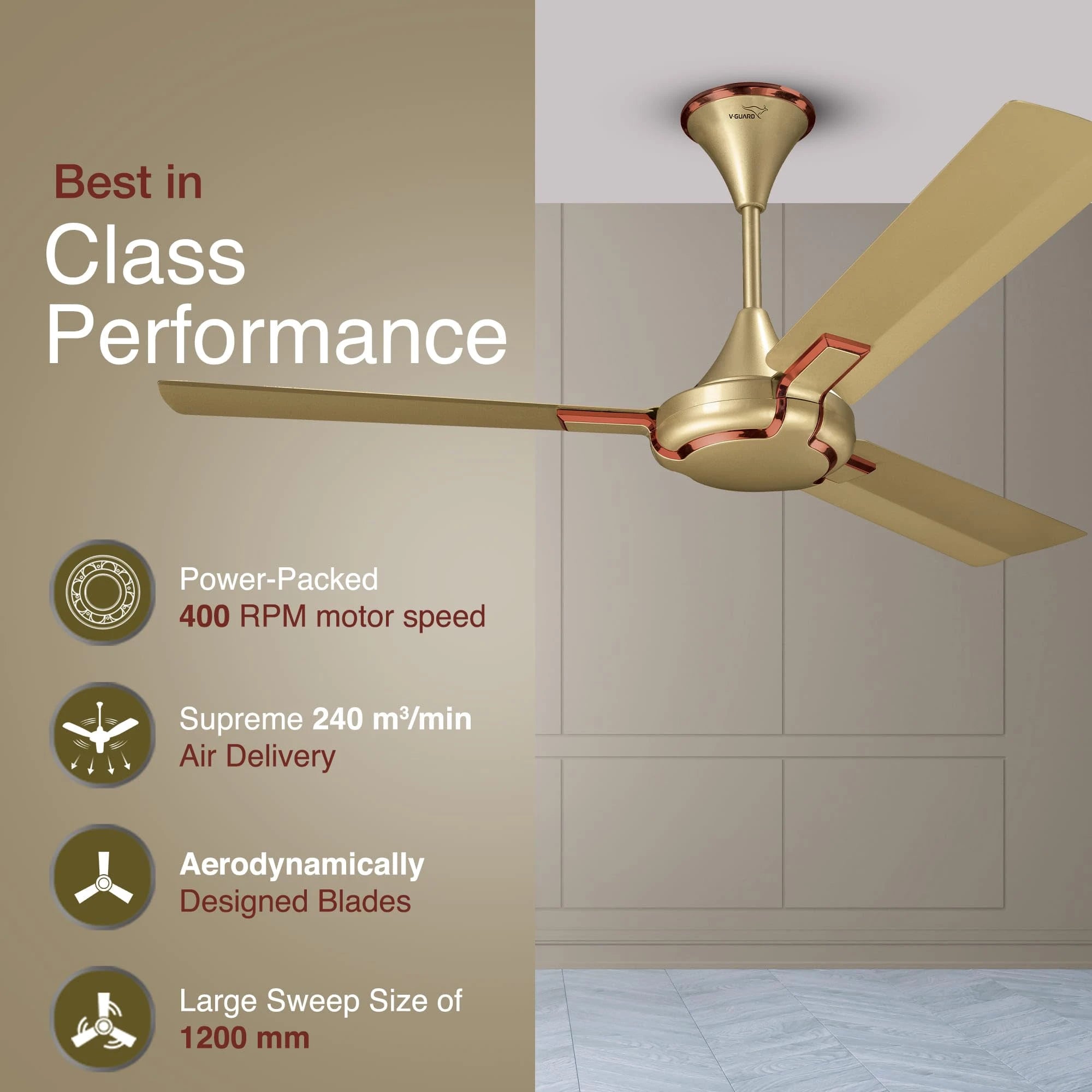 V-Guard Exado Pro AS: Anti Dust High Speed Ceiling Fan for Home | Energy Efficient | 400 RPM | 240 m3/min Air Delivery | Dust Repellent Tech | Easy to Clean | IMPERIAL GOLD