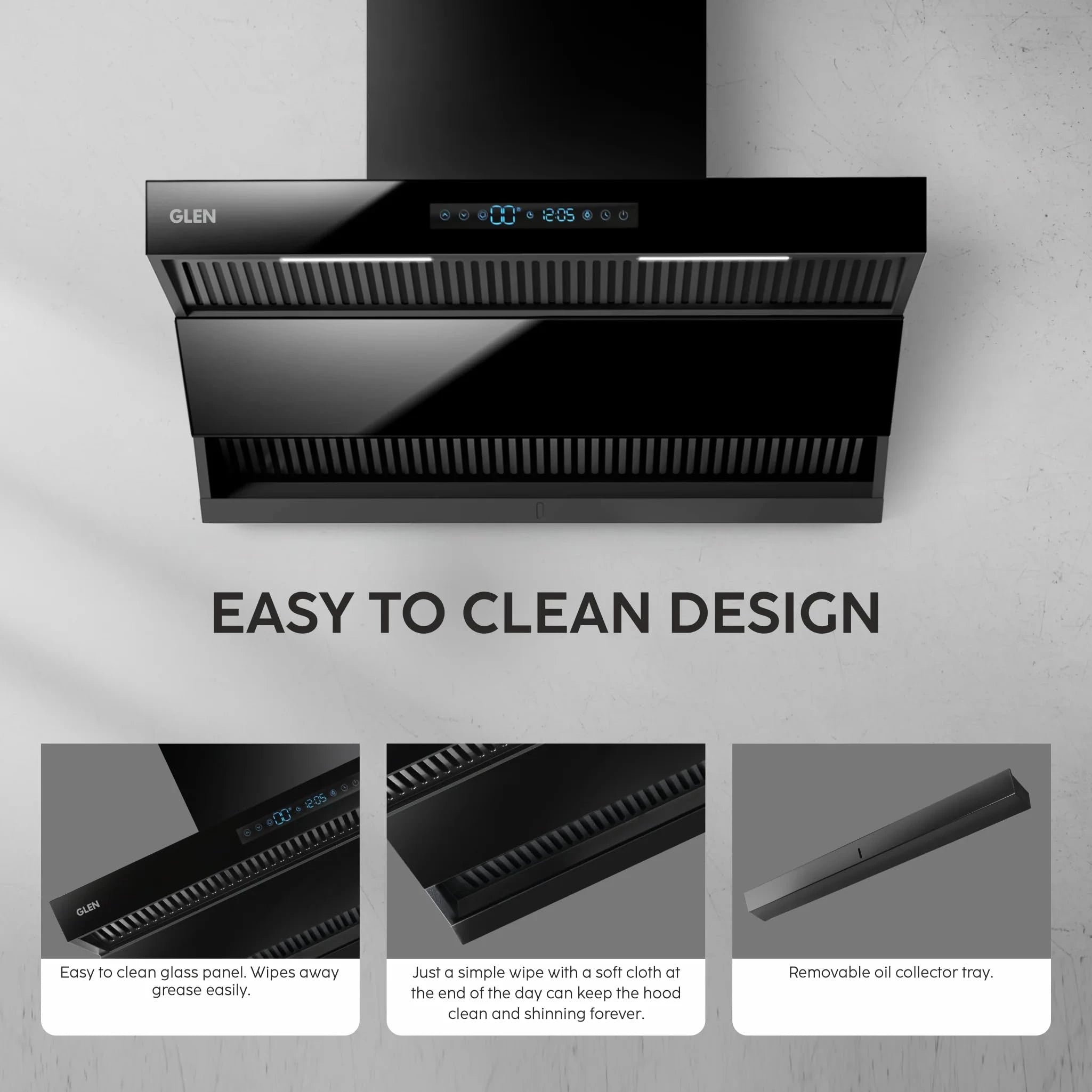 Glen Auto Clean Chimney with Double Draft Suction, Inverter Technology, BLDC Motor 75cm 1400 m3/h - Black (CH 6076 AC)