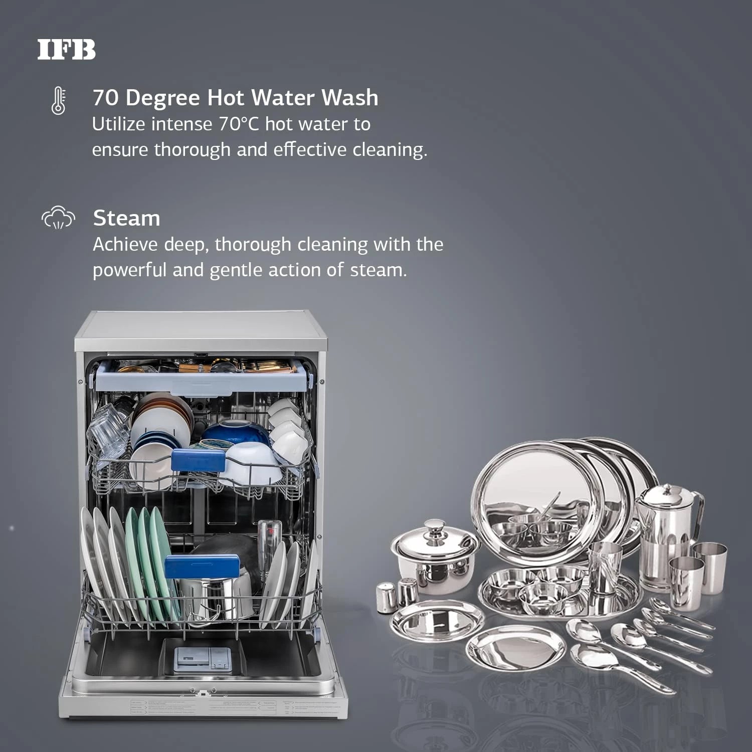 IFB 15 Place Settings with DeepClean® Technology Freestanding Dishwasher (Neptune VX15, Dark Silver, 70° Hot Water Wash with Hygienic Steam Drying, Perfect for Indian Utensils)