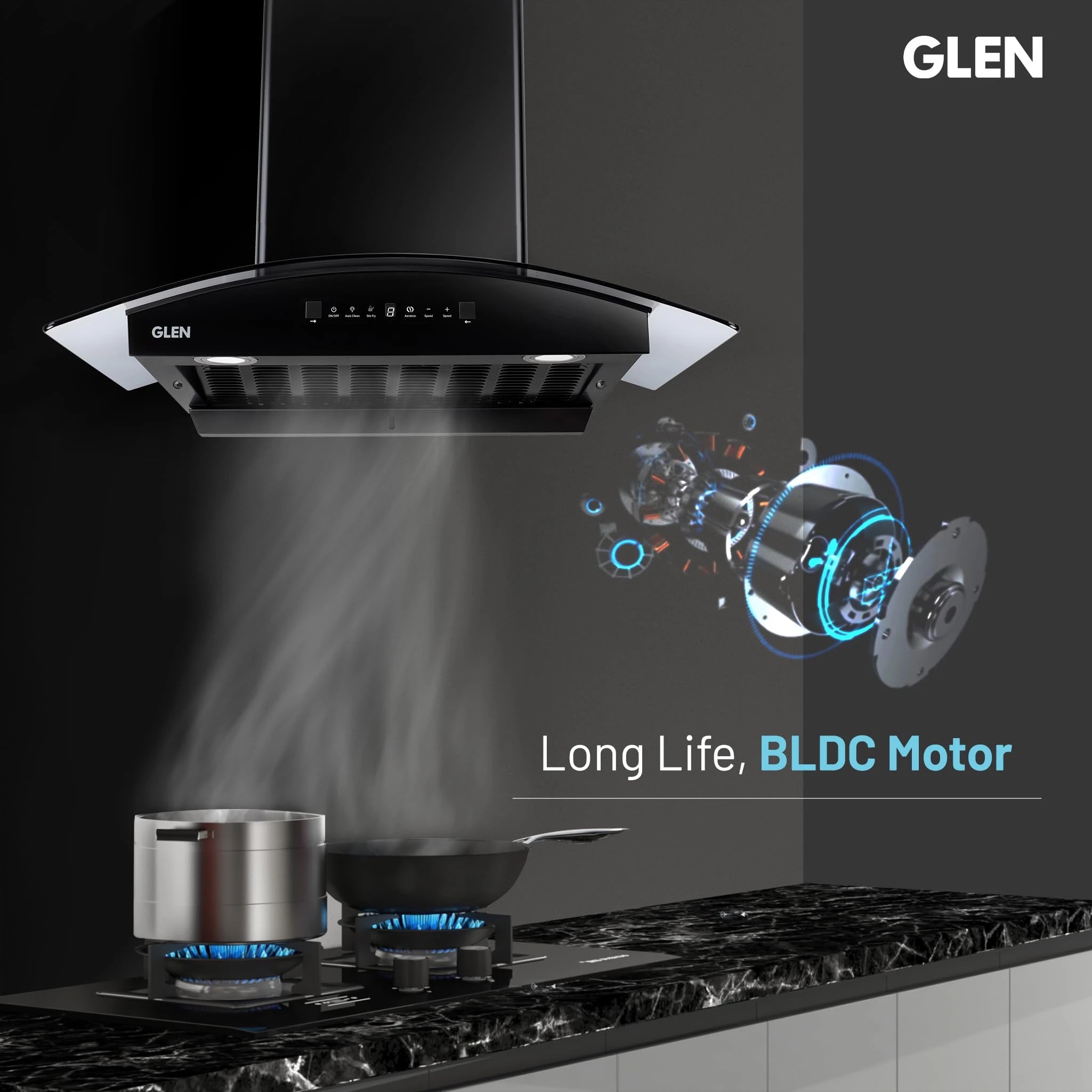 Glen 76 cm 1600 m³/hr BLDC Filterless Thermal Autoclean Kitchen Chimney, Curved Glass |(Hood FABIA 76, Heat Sensor| Aeration technology|Touch & Gesture Control,Black)