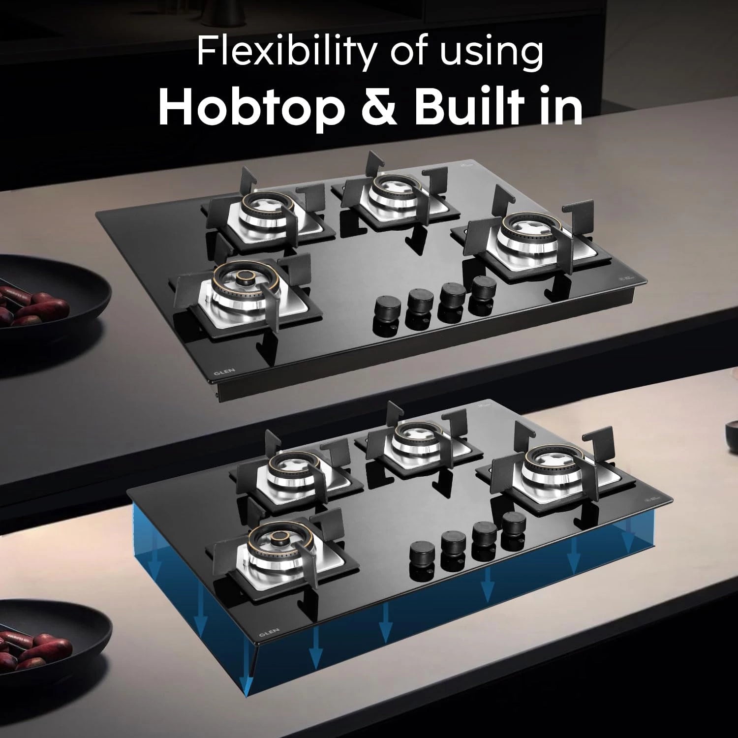 Glen Built-in Hob 4 Burner Gas Stove | Black Toughened Glass Top | Auto Ignition | Forged Brass Burners Mini Triple Ring & Double Ring | 2 Year Warranty