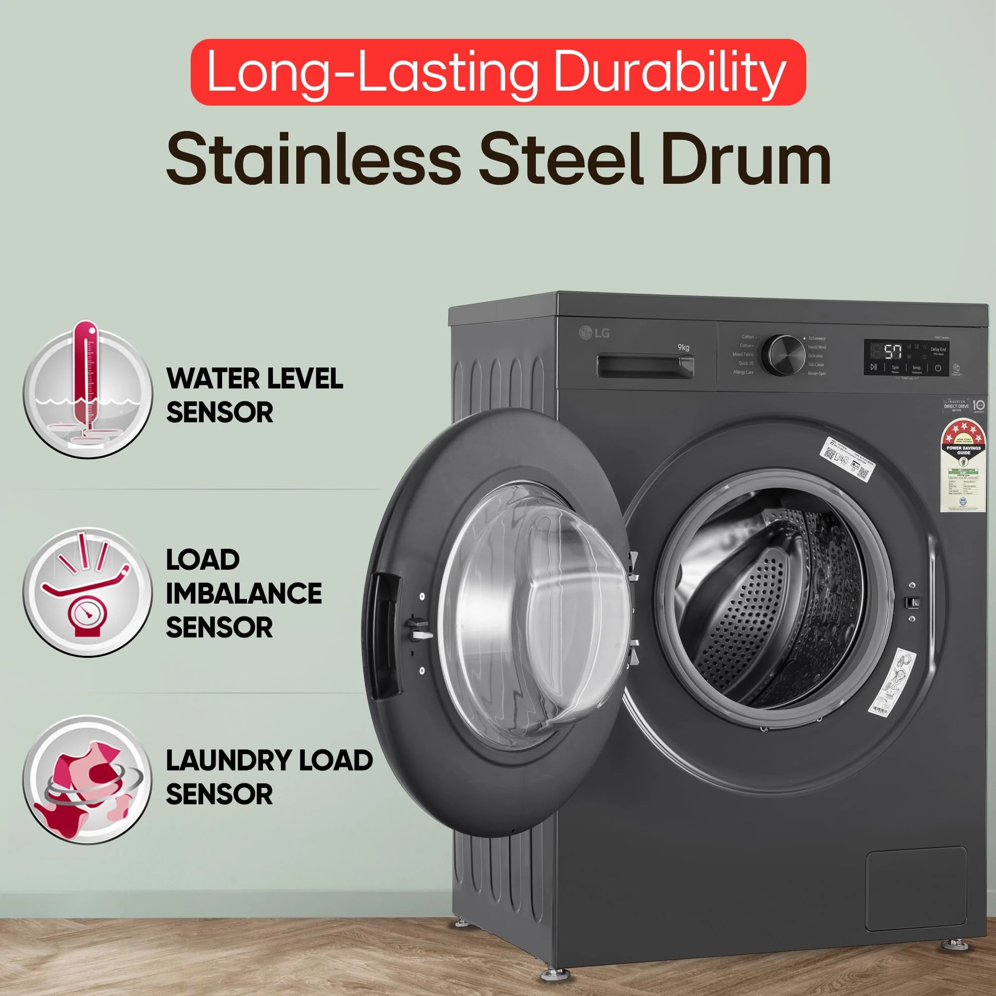 LG 9 Kg, 5 Star, Direct Drive Technology, Steam Wash, 6 Motion DD, Fully-Automatic Front Load Washing Machine (FHB1209Z2M, Allergy Care, In-Built Heater, Touch Panel, Middle Black)