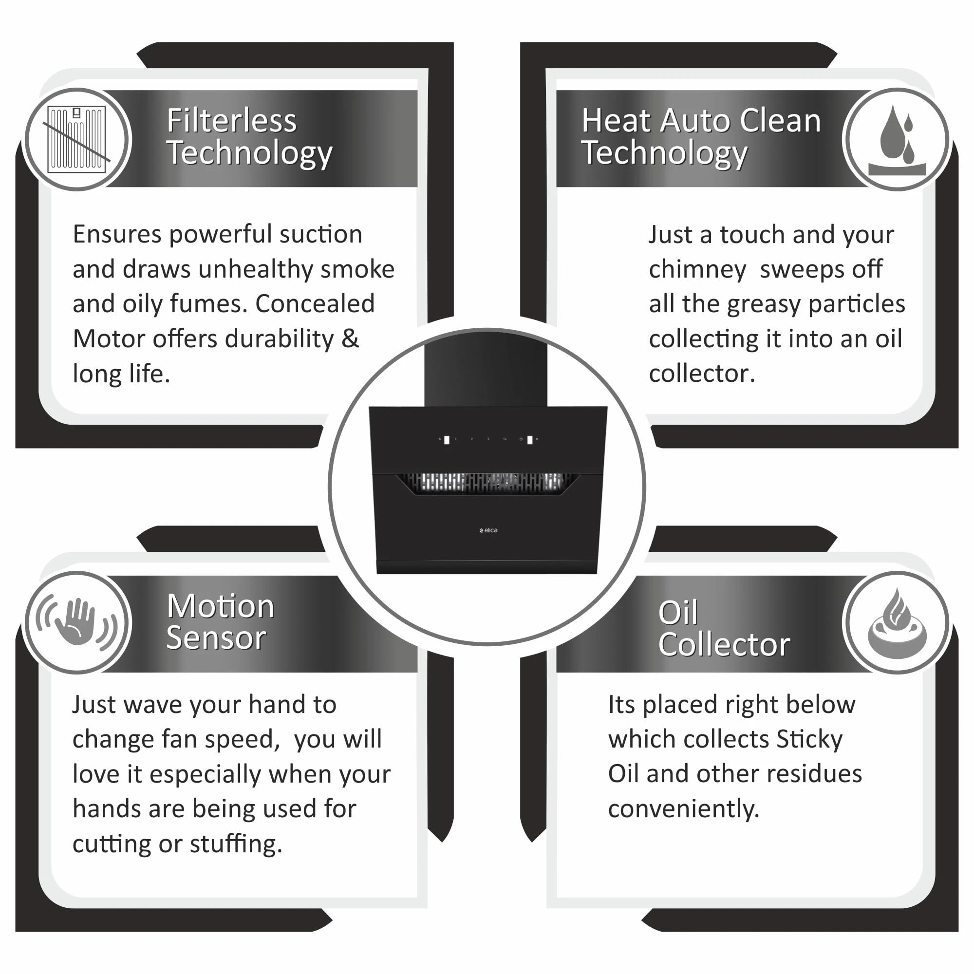 Elica 60cm 1350m3/hr Thermal Sensor Filterless Autoclean Angular Kitchen Chimney (AUTO SENSE EFL 207 HAC LTW VMS 60) - 15 Yr Warranty