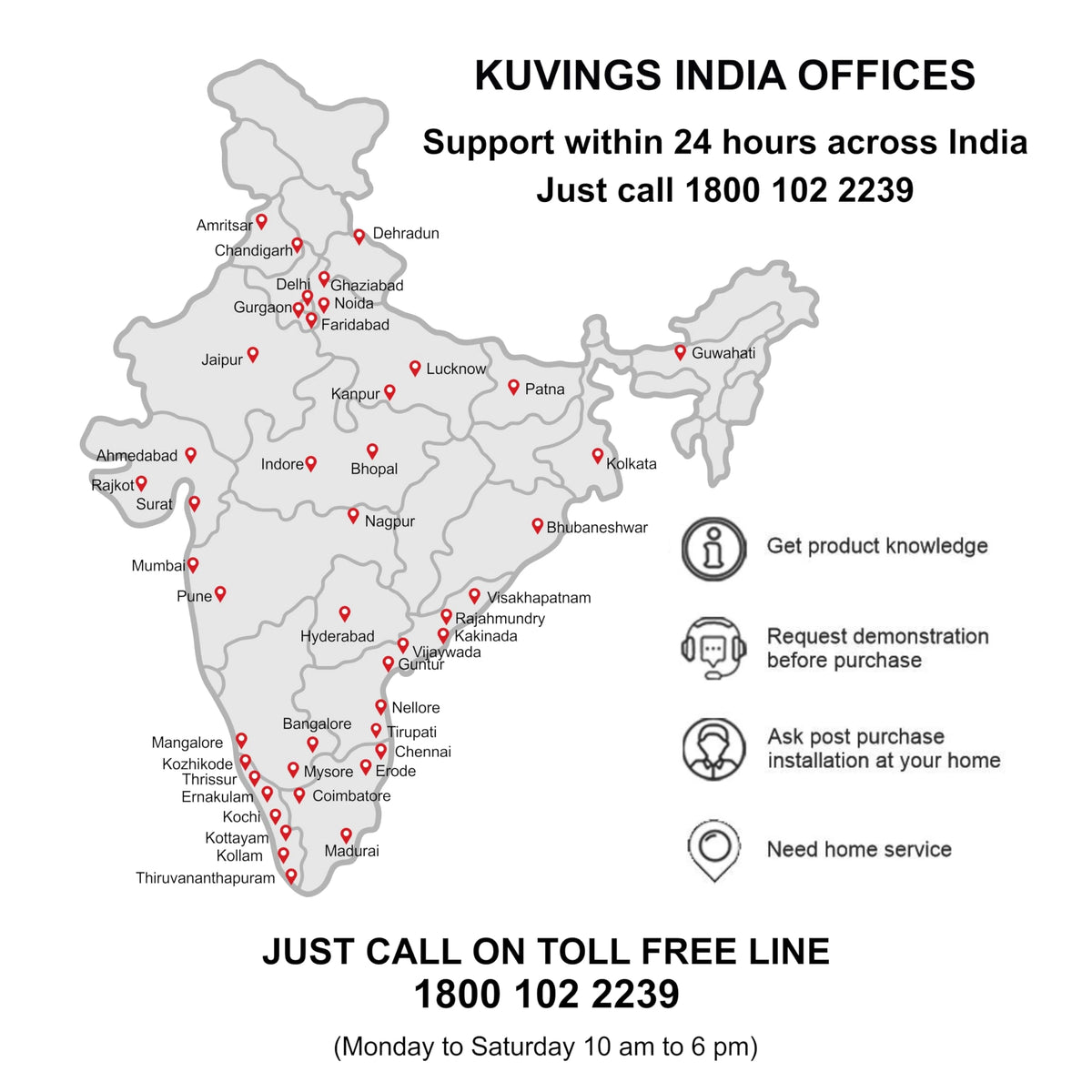 Kuvings India service network map with toll-free support number for the REVO830 juicer