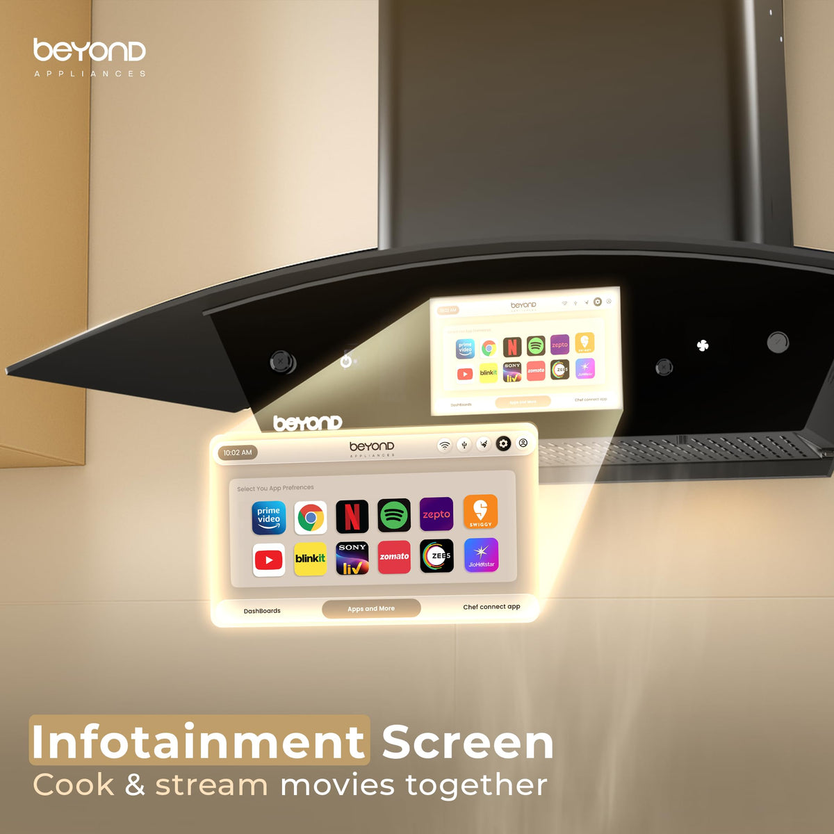 Beyond Asteria chimney infotainment screen showing streaming and delivery apps