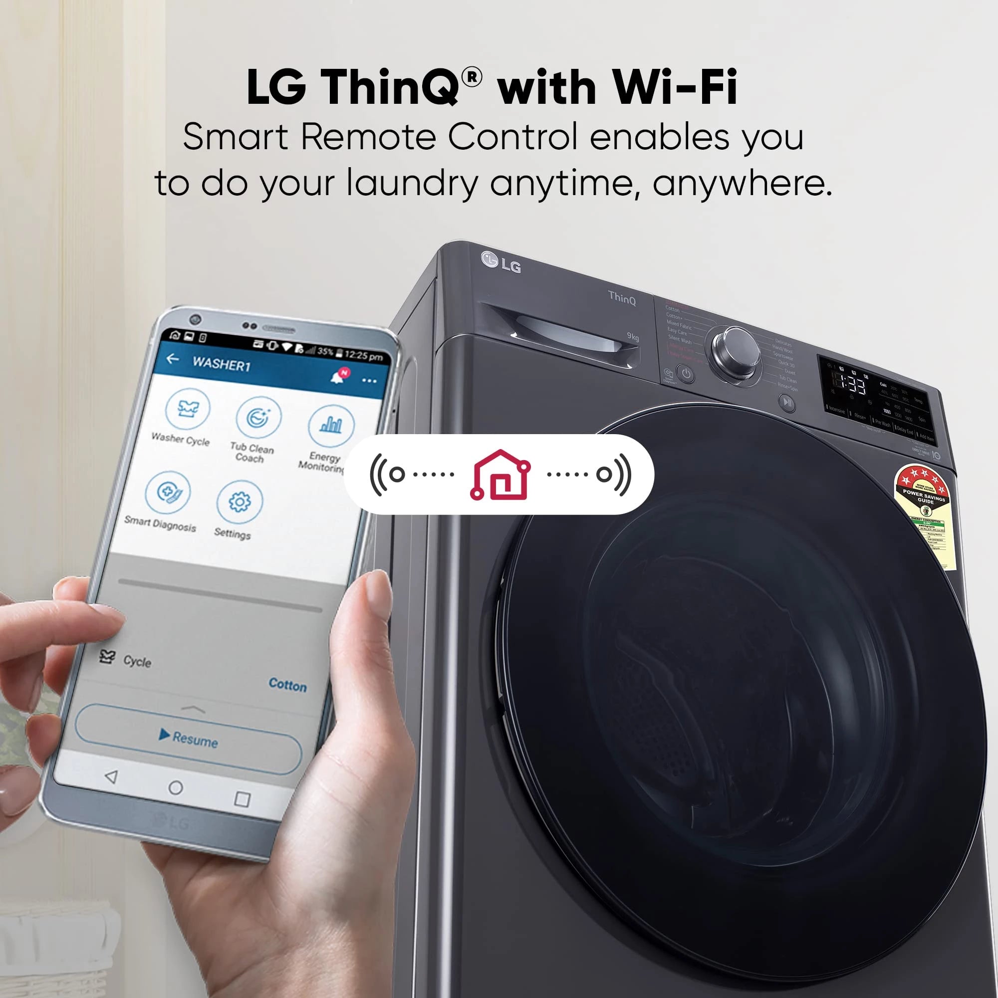 LG Front Load Washing Machine FHP1209Z5M 9 Kg 5 Star Wi-Fi Inverter AI Direct Drive 6 Motion DD & Steam Hygiene Wash In-Built Heater.