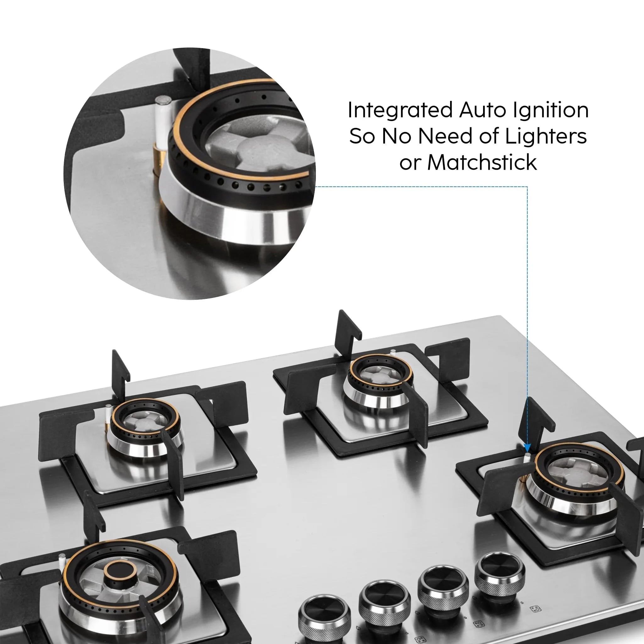 Glen Hob Top 4 Burner Stainless Steel | Built In Hob 4 Burner Gas Stove Auto Ignition | Mini Triple Ring & Double Ring Brass Burners | hob gas stove 4 burner stainless steel (BH1074SQHTSSDBMT70)
