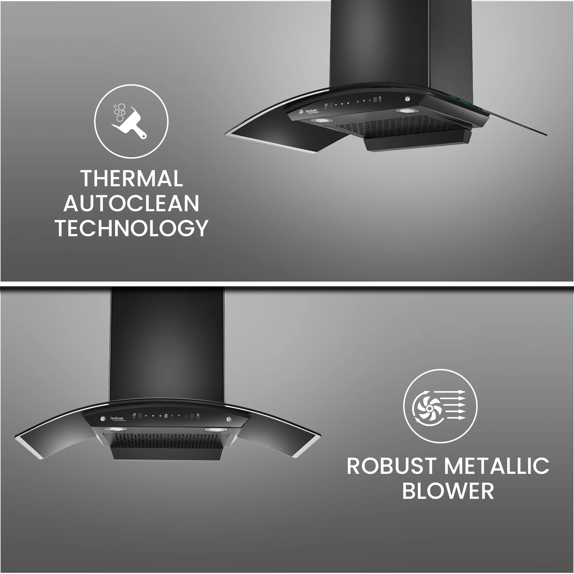 Hindware Smart Appliances | Amyra 90 cm Chimney | 1200 CMH | Auto Clean | Curved Glass | Filterless | Touch Control, Motion Sensor | 5 Yrs Warranty on Motor & 2 Yrs on Product | Wall Mounted (Black)