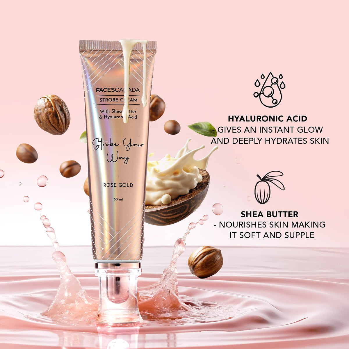 FACES CANADA Strobe Cream tube with shea butter nuts and cream splash, highlighting hyaluronic acid and shea butter