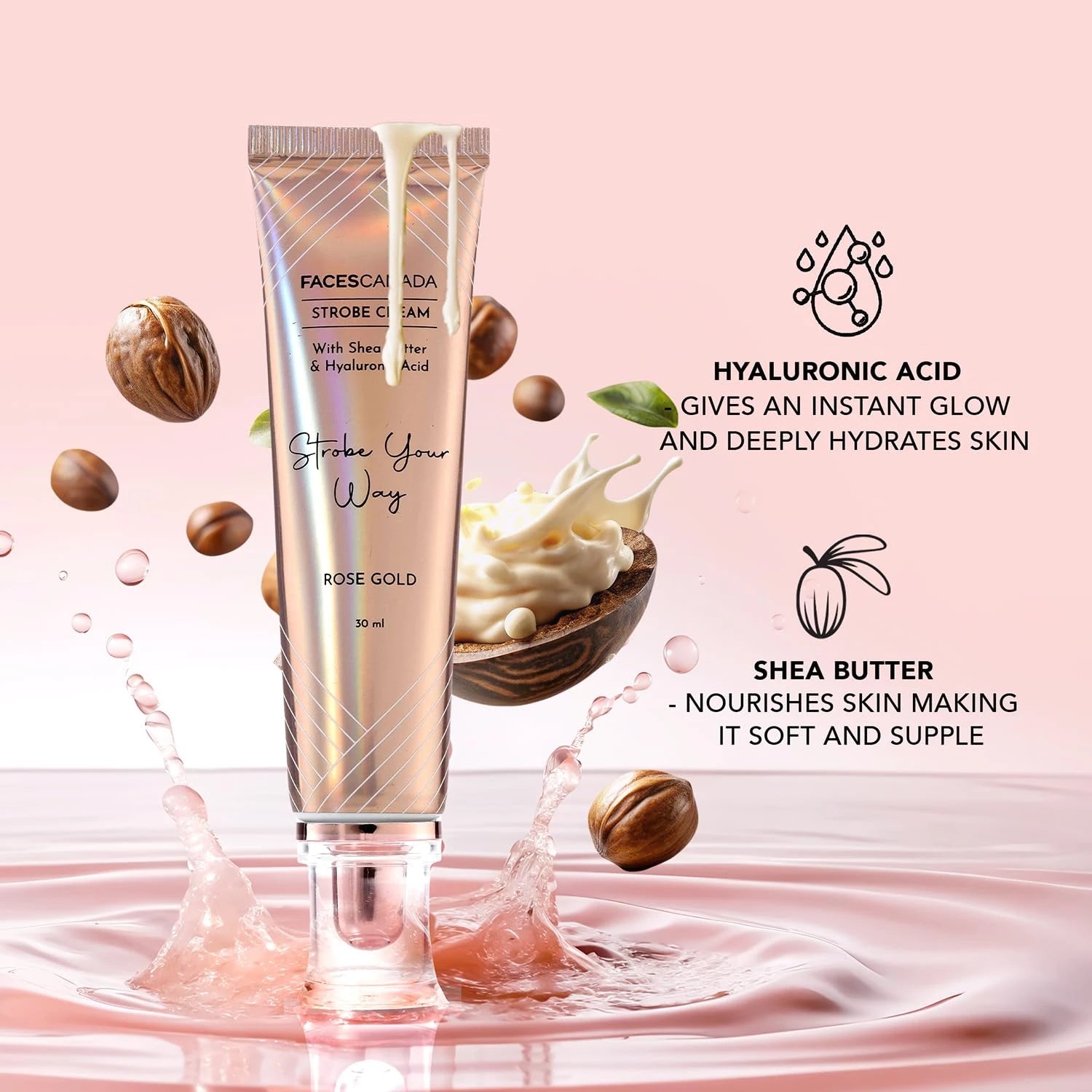 FACES CANADA Strobe Cream - Pink, 30ml | Primer + Highlighter + Moisturizer | Shea Butter & Hyaluronic Acid | Intense Hydration | Flawless Radiant Dewy Skin | Illuminating & Glowing Makeup Base