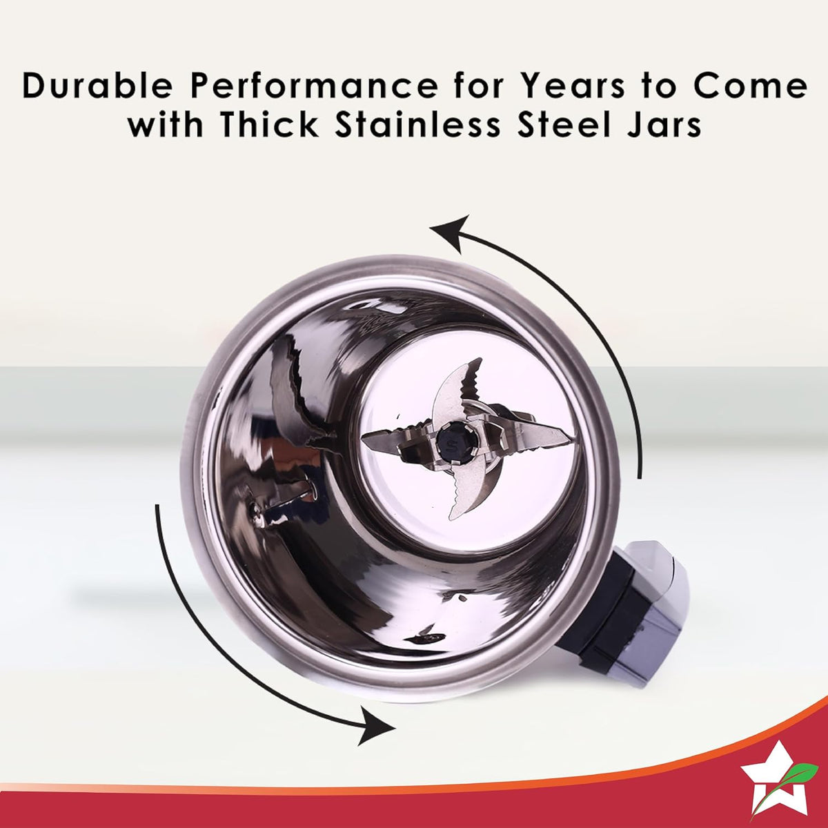 Top view inside a Wonderchef Galaxy 63154820 stainless steel jar showing the blade and thick jar wall