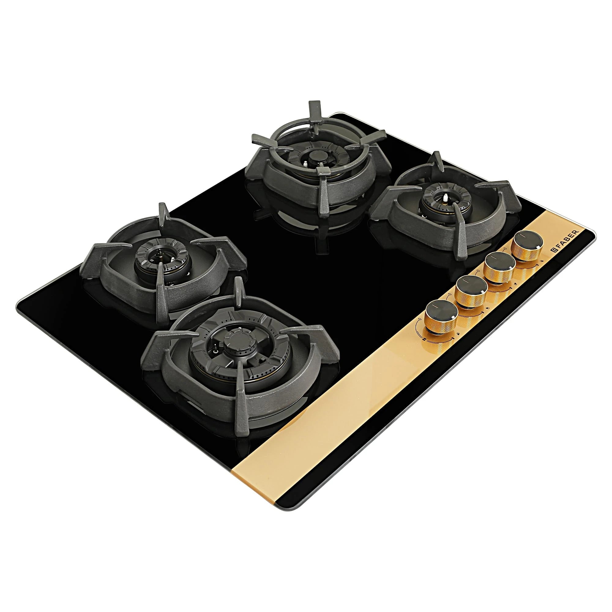 Faber 70cm 4Burner Gas Hob | Flame Failure Device | Cast Iron Pan Support | Metal Knobs | Dual Flame Burner | 8mm Toughened Black Glass | Versatile Hob/Cooktop | Hob Utopia Pro HT 704 BR CI