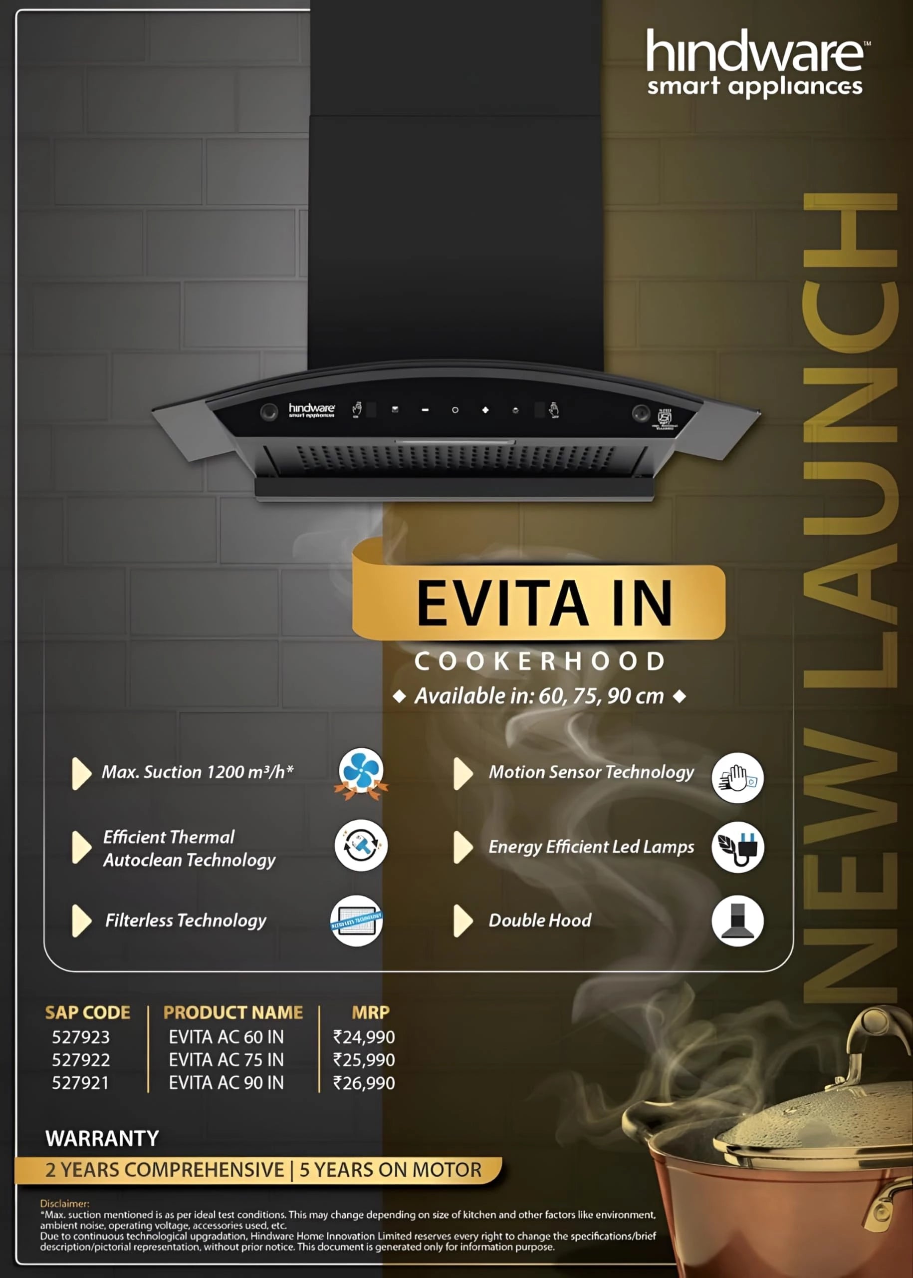 Hindware Smart Appliances EVITA AC 60 IN | 1200 m³/hr | Filterless Auto-Clean Kitchen Chimney With Motion Sensor & Touch Control | Made in India | 2025 Model 60cm (Curved Glass, Black)