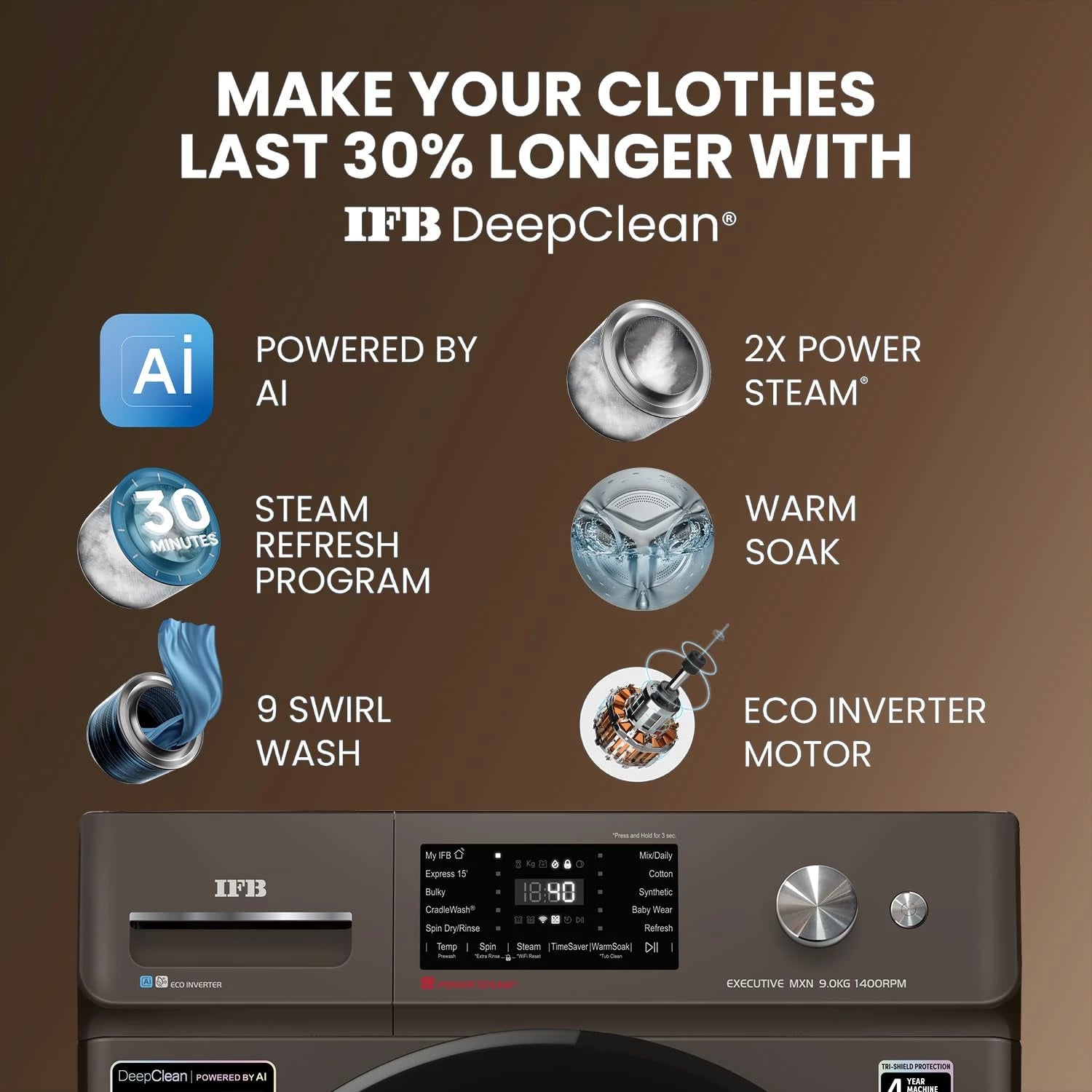 IFB 9 Kg 5 Star, DeepClean® Technology, AI Powered, WiFi, Fully Automatic Front Load Washing Machine (EXECUTIVE MXN 9014K CMS, PowerSteam®, 9 Swirl, Steam Refresh, Inbuilt Heater, Eco Inverter, Mocha)