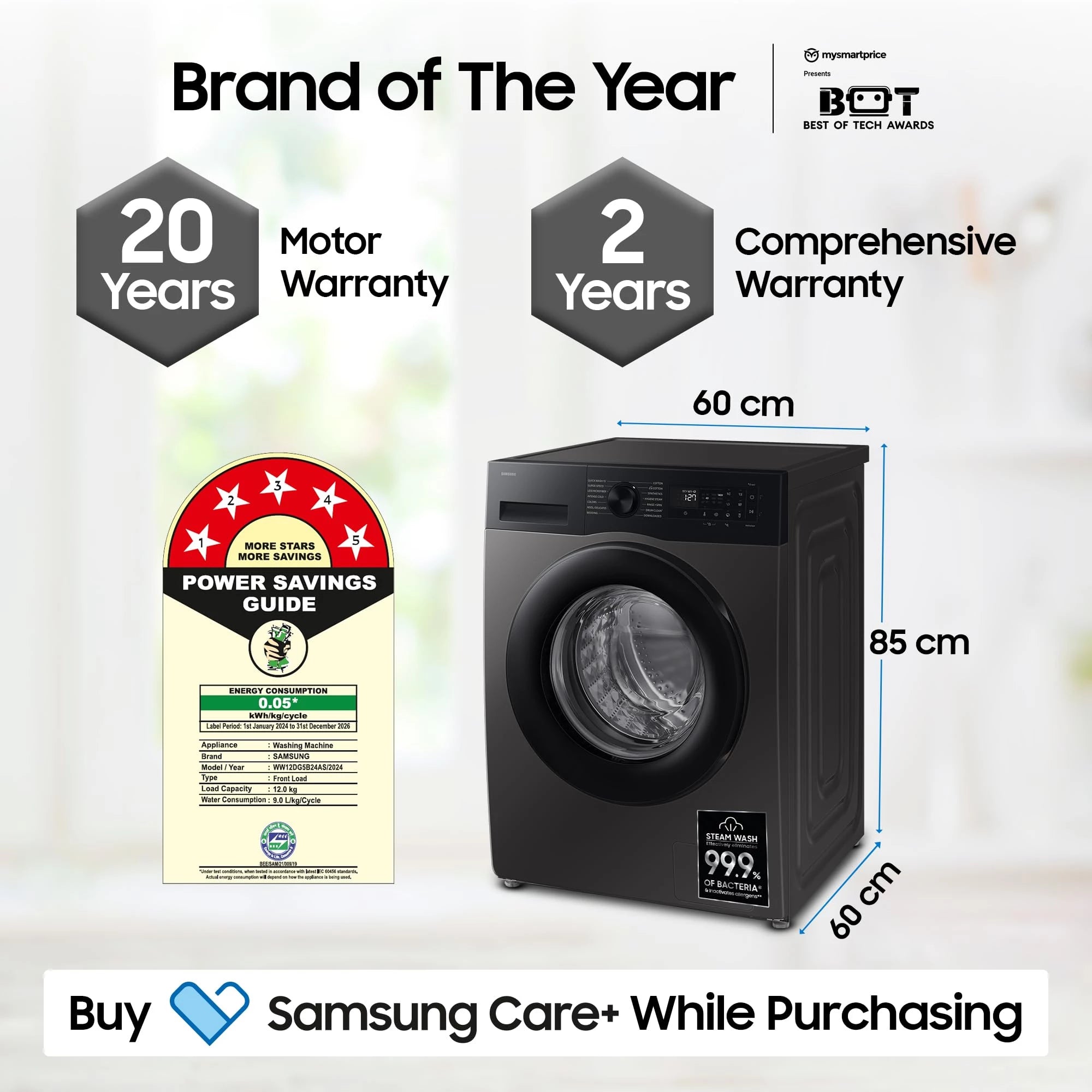 Samsung 12 kg, 5 Star, Super Speed, Wi-Fi, Hygiene Steam with Inbuilt Heater, Digital Inverter, Fully-Automatic Front Load Washing Machine (WW12DG5B24ASTL, Navy)