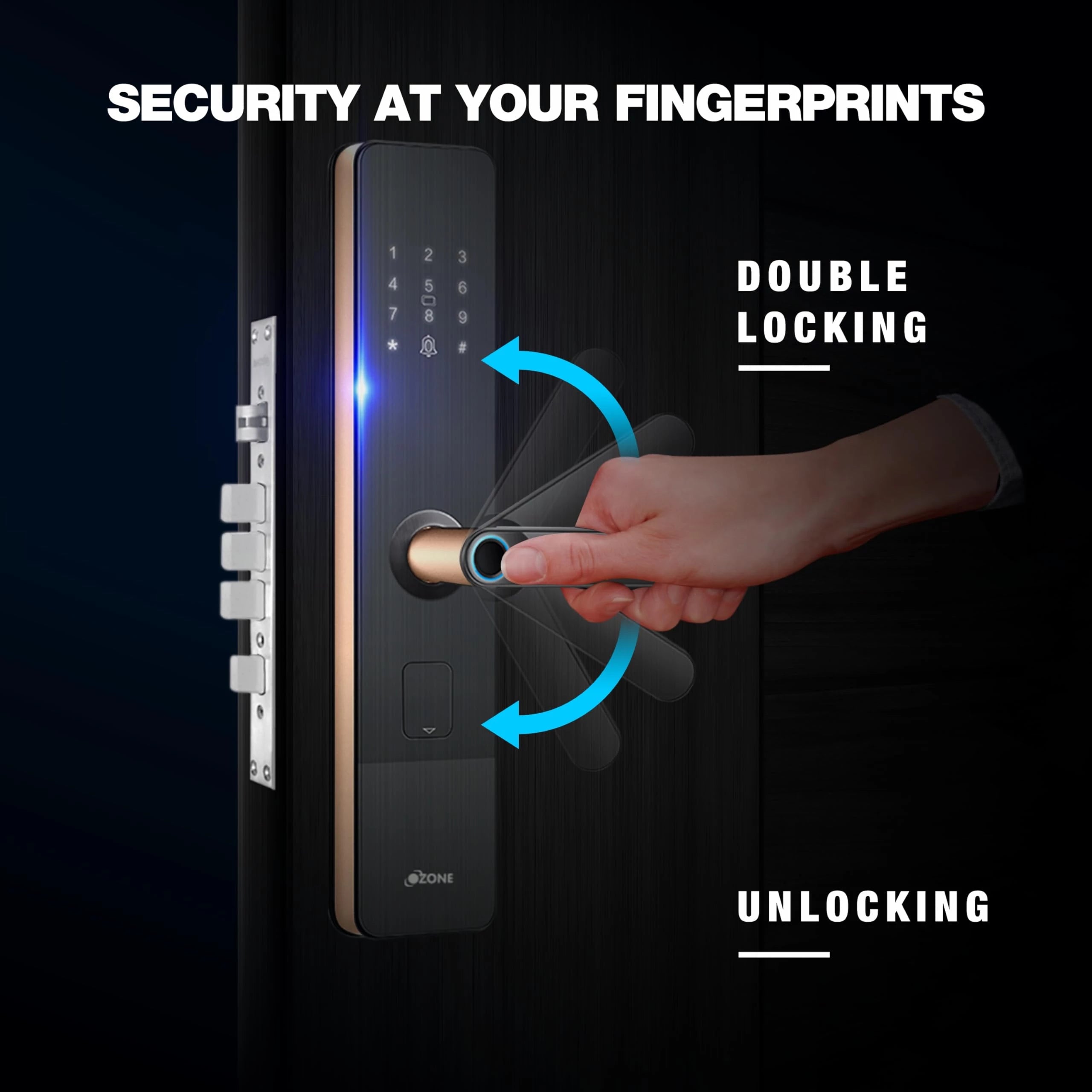 Ozone Smart Bluetooth Lock for Wooden & Metal Doors, 4-Way Access, OzoLife App, Fingerprint, Password, RFID Card, 35-80 mm Door Thickness, Free Installation, 2 Years Warranty (Rose Gold)