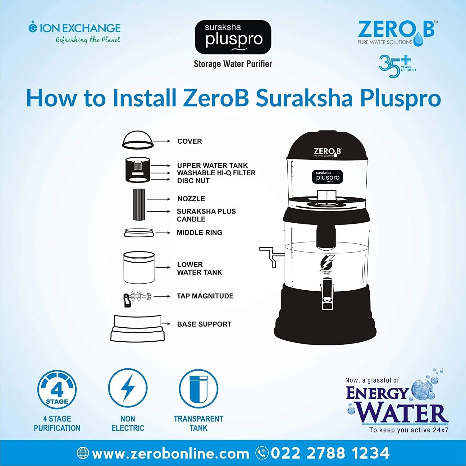 Zero B Suraksha Plus-Pro Gravity Water Purifier (15L, 5+10 Storage, Multicolour)