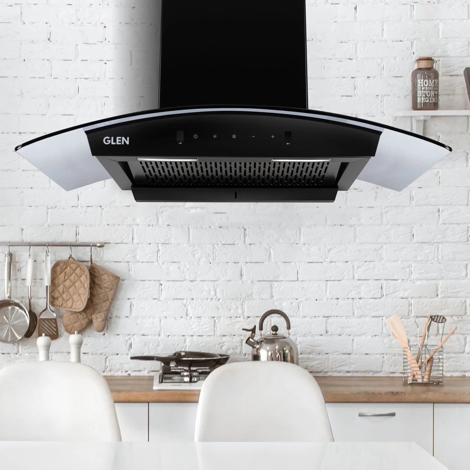 Glen Kitchen Chimney 6058 BL Auto Clean, Curved Glass, Filterless, 1200 m3/h, Motion Sensor, 7 Year Motor Warranty.