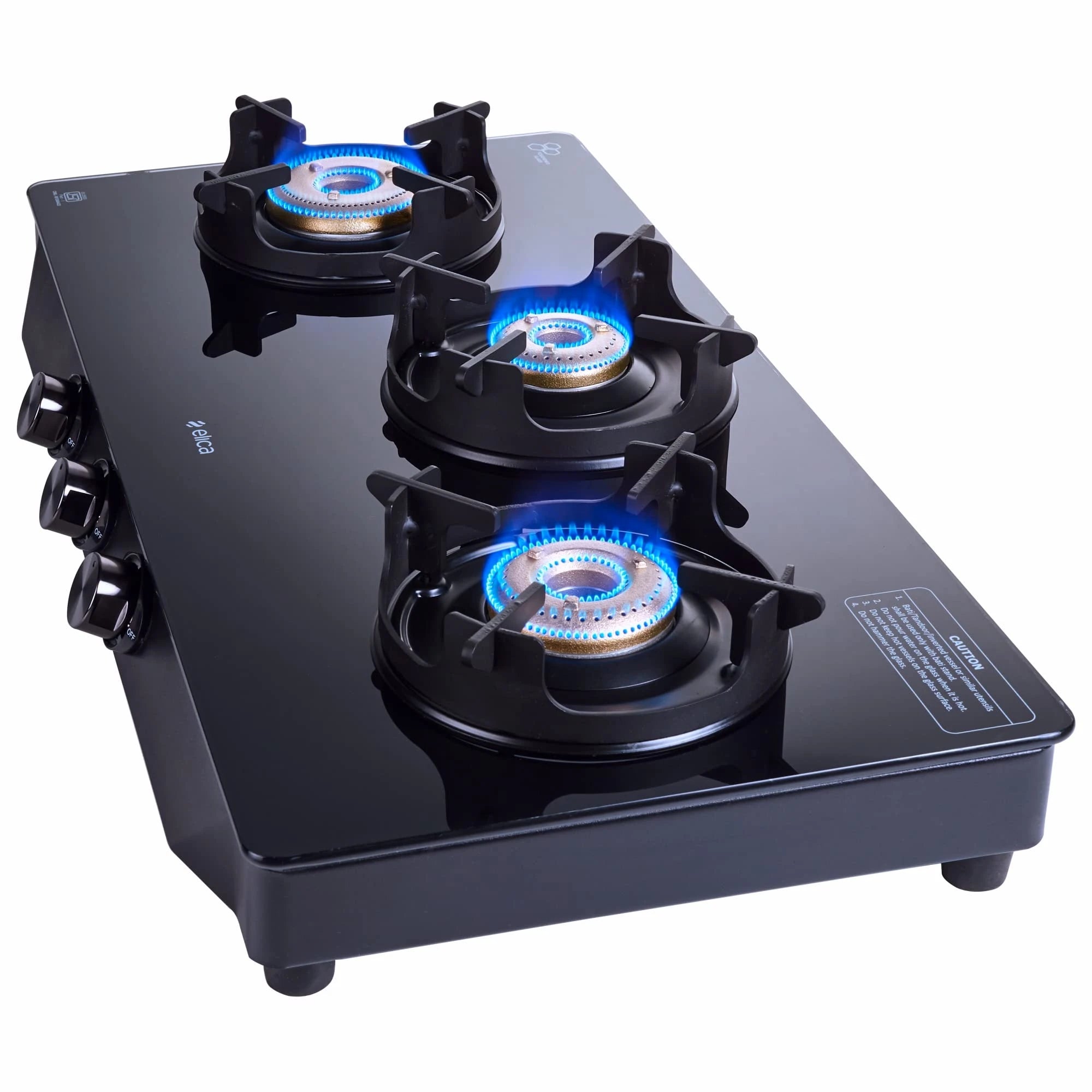 Elica Crest 3 Burner Gas Stove with Crown Design Pan Support and Forged Brass Burners (CREST 370 J NERO), Black
