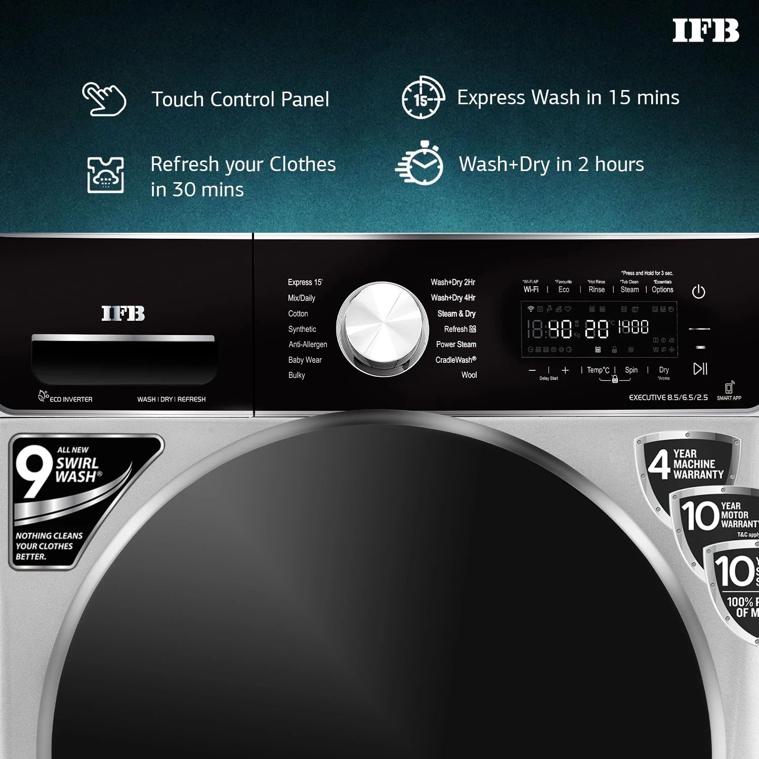 IFB Laundrimagic Front Load Washer Dryer 8.5/6.5/2.5 Kg Inverter (Executive ZXS, Silver)