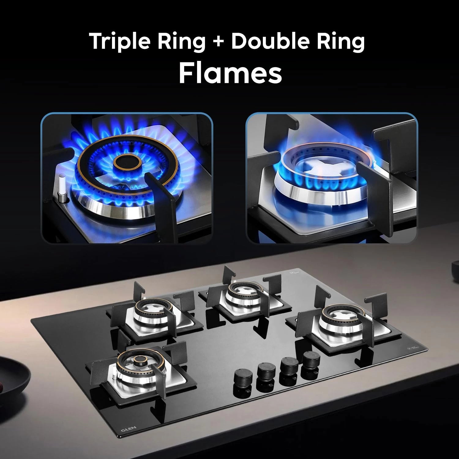 Glen Built-in Hob 4 Burner Gas Stove | Black Toughened Glass Top | Auto Ignition | Forged Brass Burners Mini Triple Ring & Double Ring | 2 Year Warranty