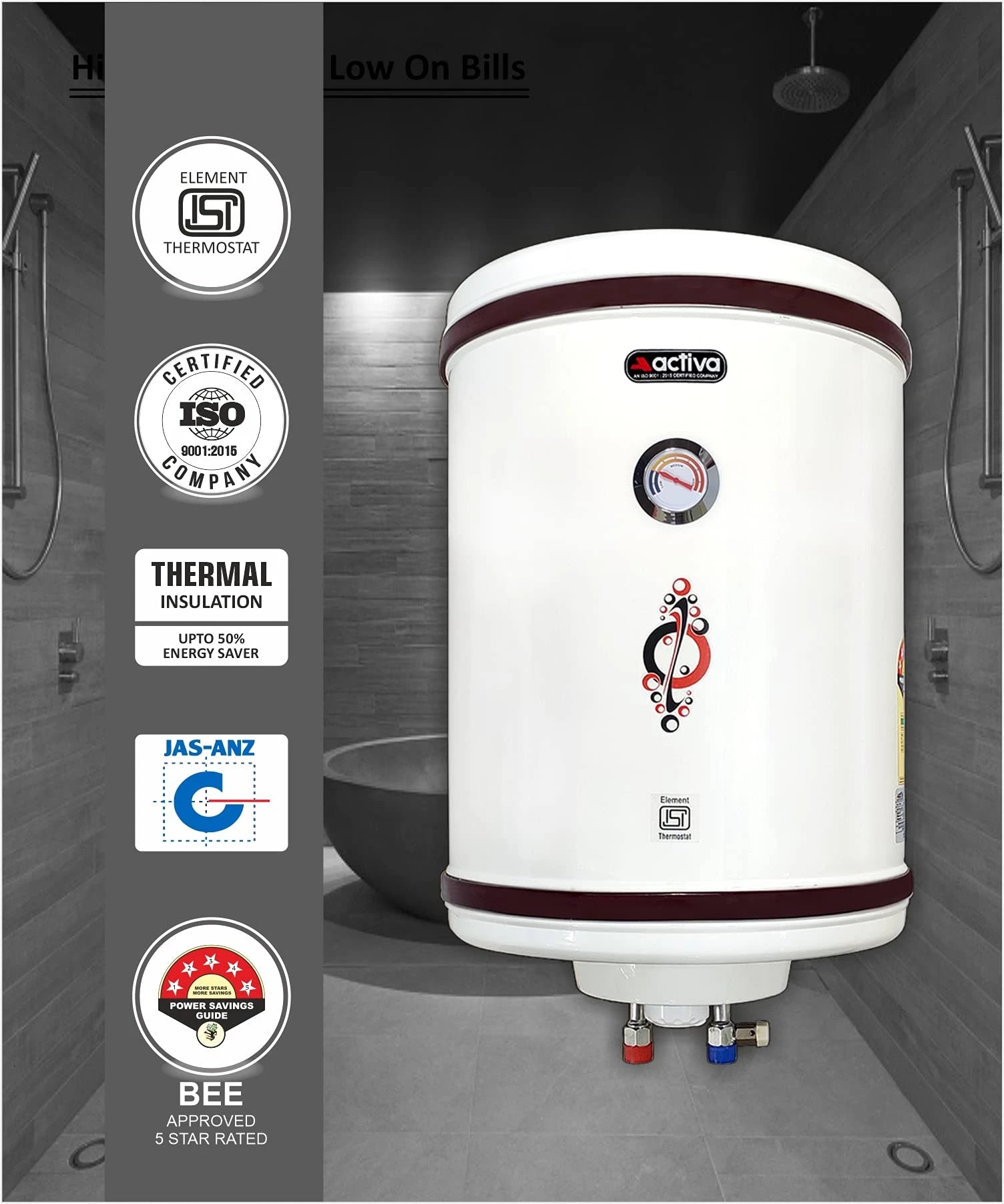 ACTIVA Storage 50 LTR. 5 Stars (.8mm TANK) 2 KVA Geyser with Special Anti Rust Coating Metal Body, HD ISI Element Hotline/Crystal Ivory with Free Installation Kit and adjustable outer thermostat 5 yea