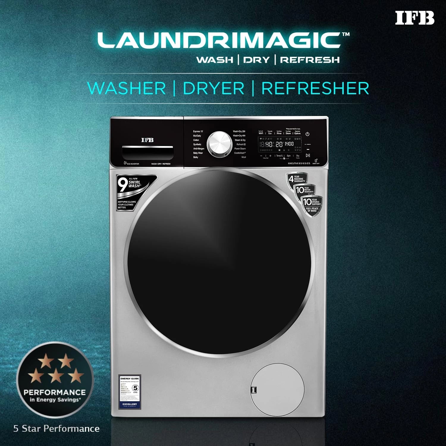 IFB Laundrimagic Front Load Washer Dryer 8.5/6.5/2.5 Kg Inverter (Executive ZXS, Silver)