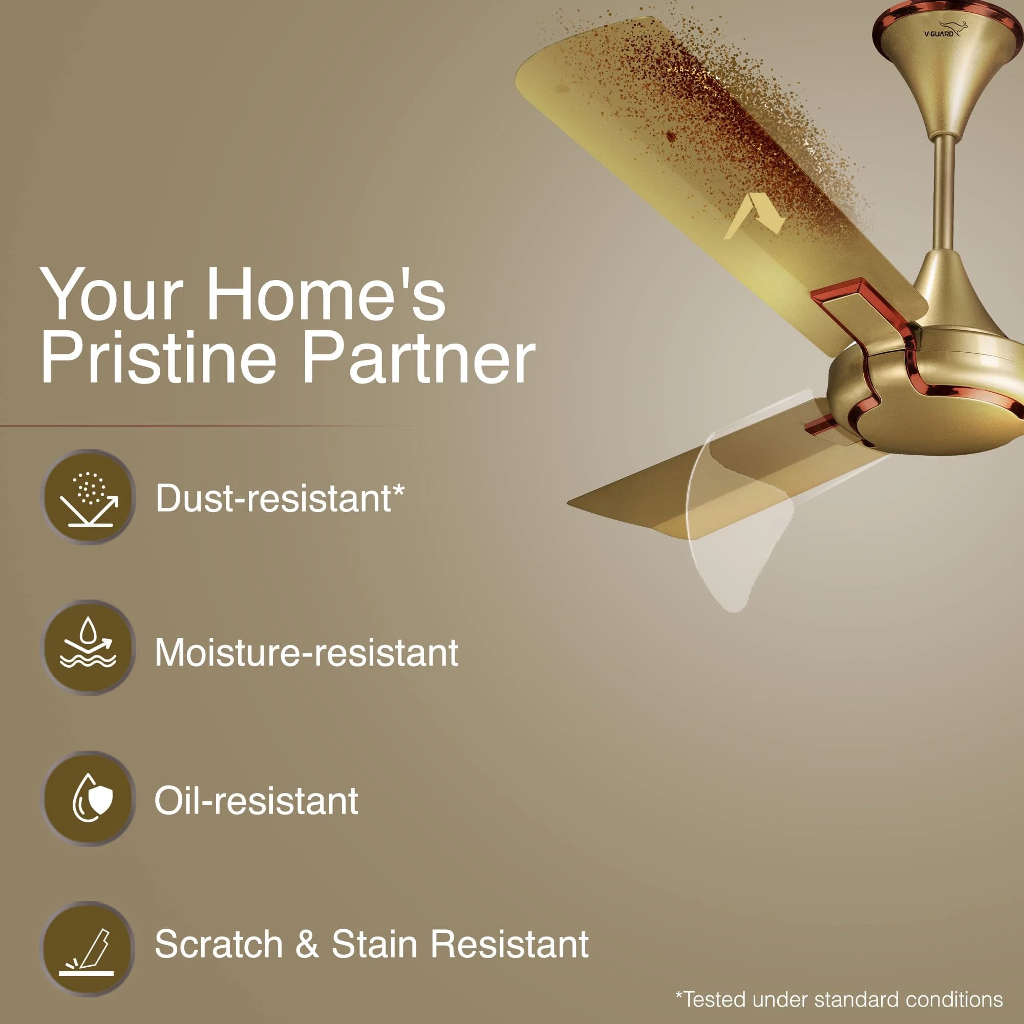 V-Guard Exado Pro AS: Anti Dust High Speed Ceiling Fan for Home | Energy Efficient | 400 RPM | 240 m3/min Air Delivery | Dust Repellent Tech | Easy to Clean | IMPERIAL GOLD