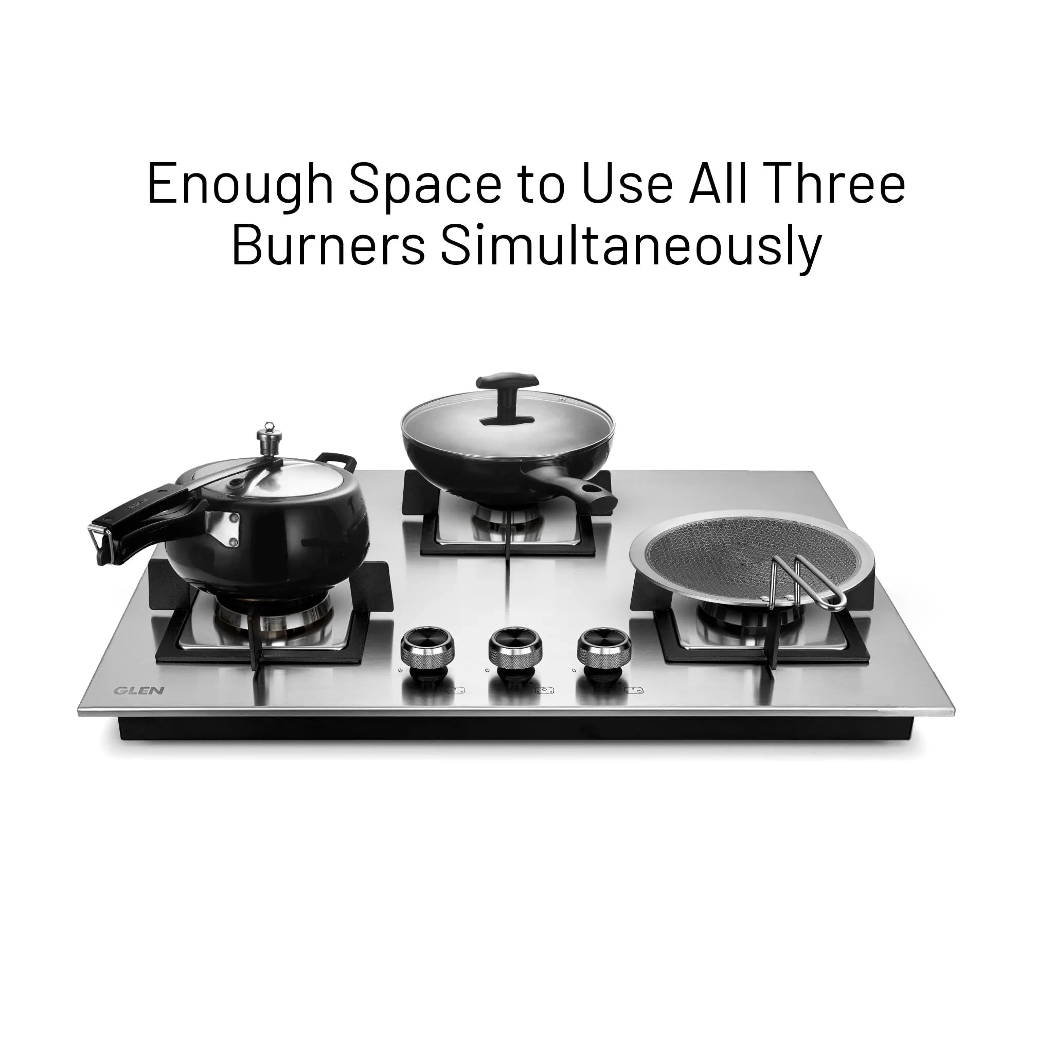 Glen Hob Top 3 Burner Auto Ignition | Dual Use Freestanding & Built In Hob Ultra Tuff Stainless Steel Mini Triple Ring & Double Ring Forged Brass Burners | Hob gas stove 3 burner (BH1073SQHTSSDBMT70)