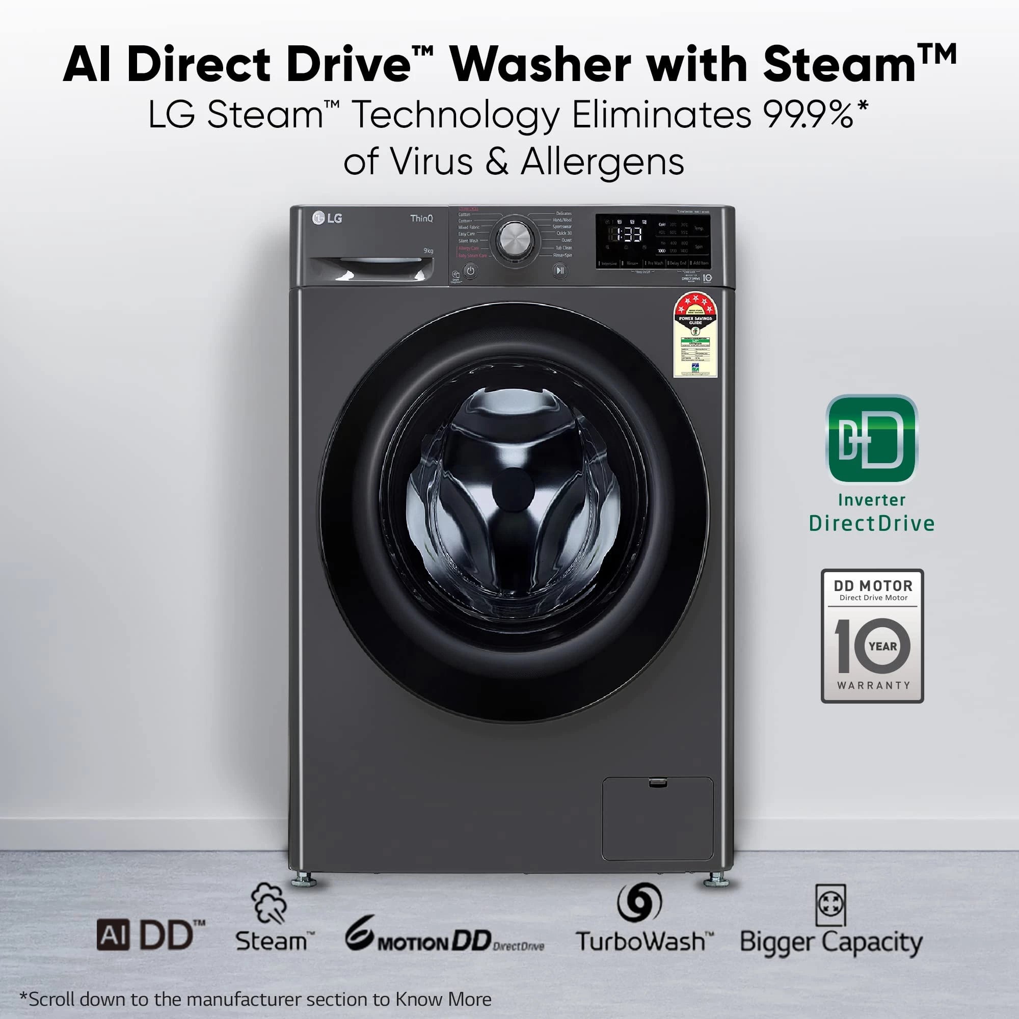 LG Front Load Washing Machine FHP1209Z5M 9 Kg 5 Star Wi-Fi Inverter AI Direct Drive 6 Motion DD & Steam Hygiene Wash In-Built Heater.