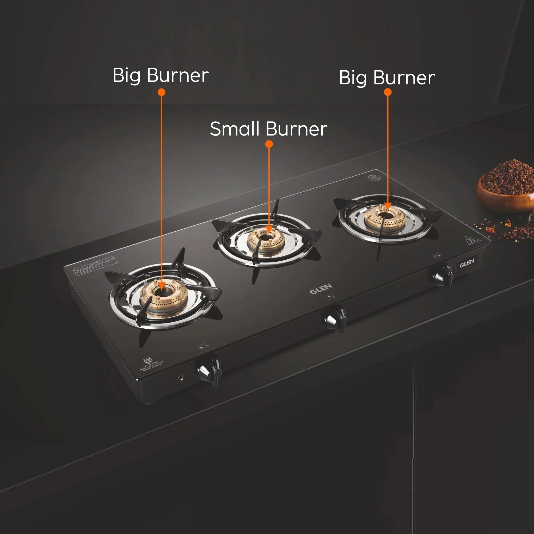 Glen 3 Burner Toughened Glass Top PNG Gas Stoves | Brass Burners | Black | ISI Certified | Stainless Steel Drip Trays | Anti-Skid Feet Ergonomic Knobs | 2 Year Warranty (CT1030GTBB BLPN)