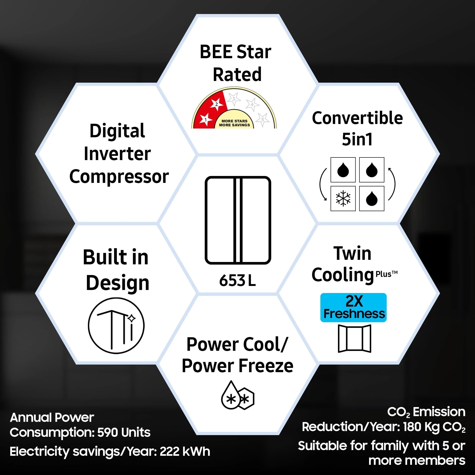 Samsung 653 L, 2 Star, Frost Free, Double Door, Convertible 5-in-1 Digital Inverter, Side By Side Refrigerator (RS76CG80X0S9HL, Silver, Refined Inox)